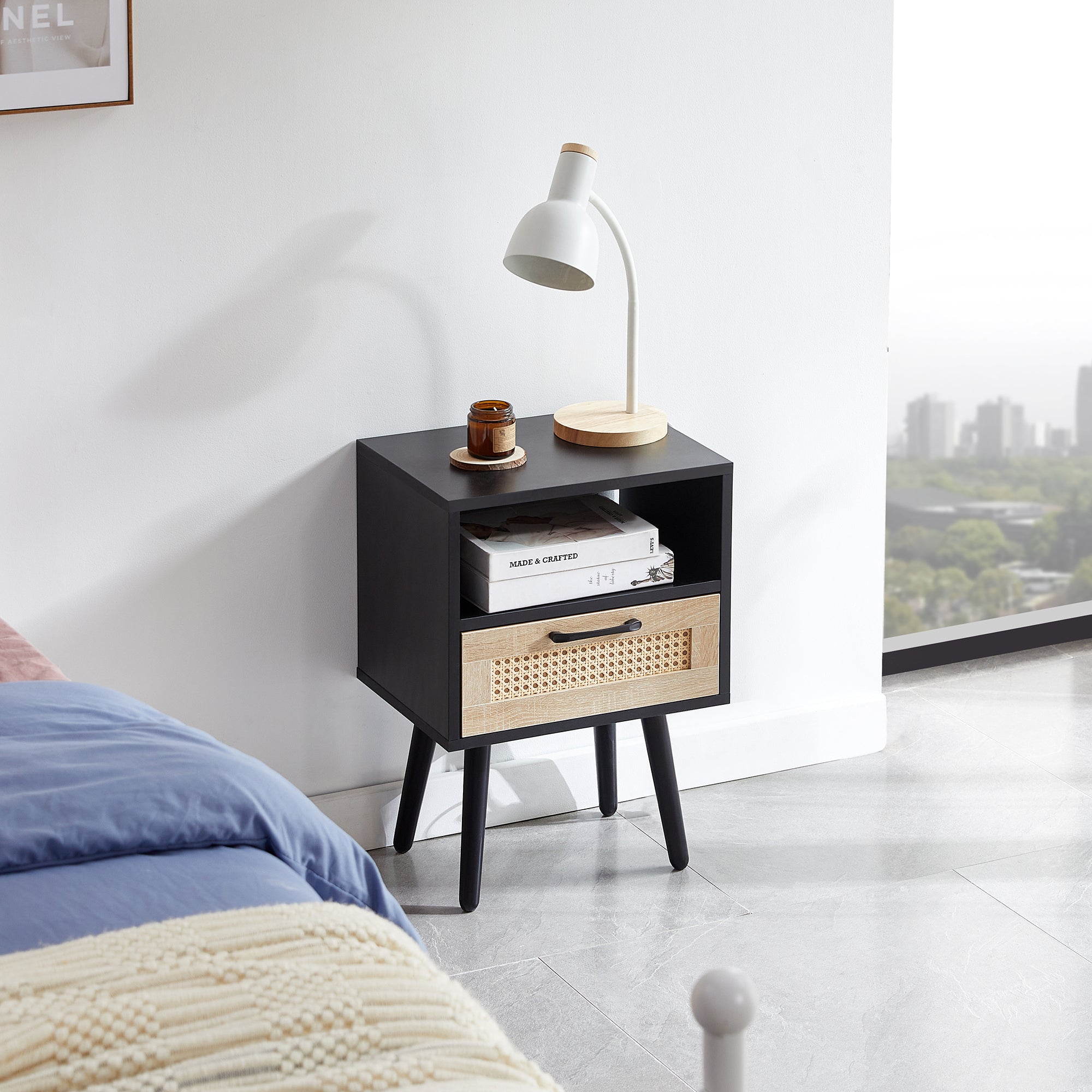 15.75" Rattan End table with  drawer and solid wood legs, Modern nightstand, side table for living room, bedroom, black