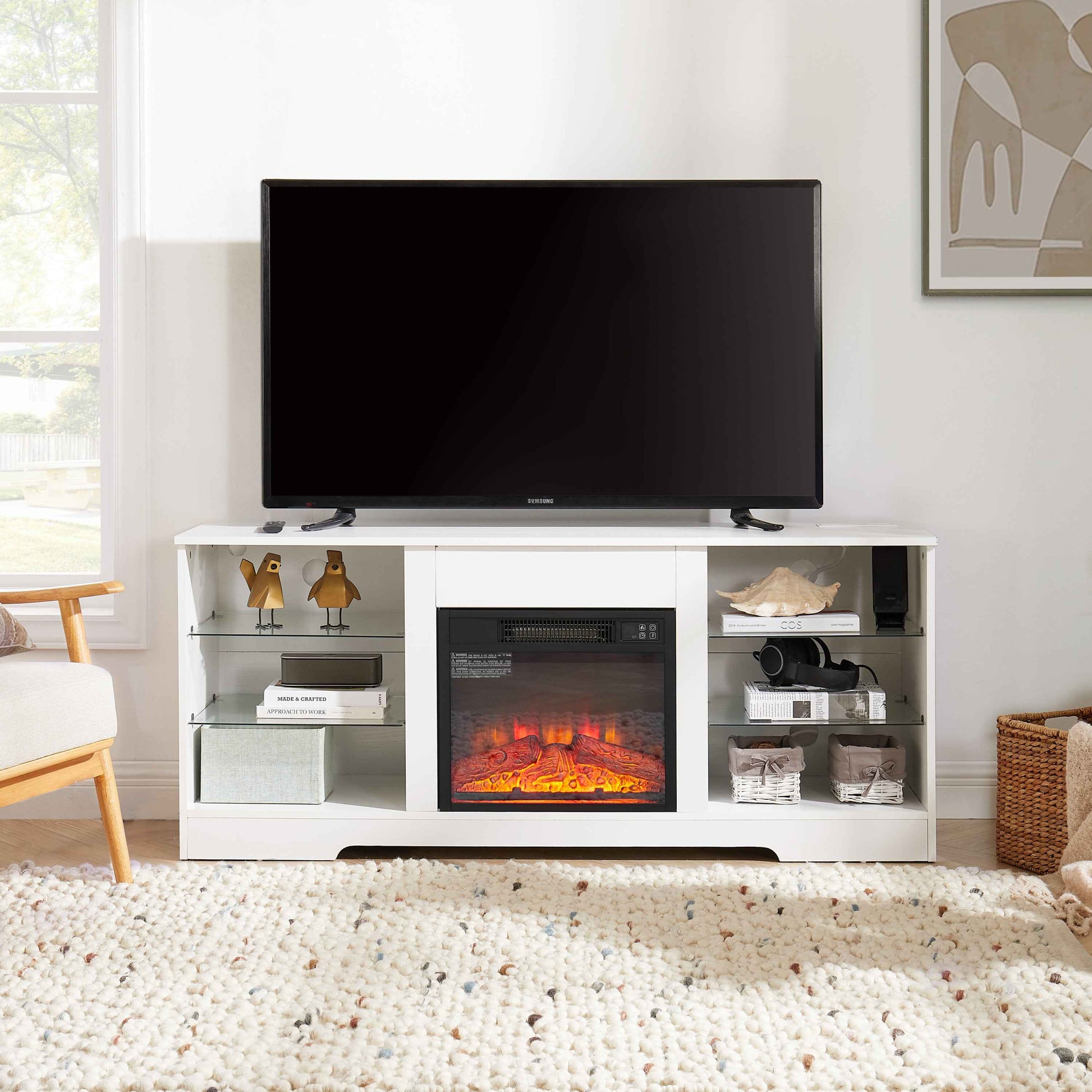 TV Stand Electric Fireplace TV Stand with Glass Shelves, 3D Fireplace TV Stand with LED Lights Wood with USB Charging Outlet Modern Television Table Center for TV up to 32-62' White 58''W*15.4''D*24.6