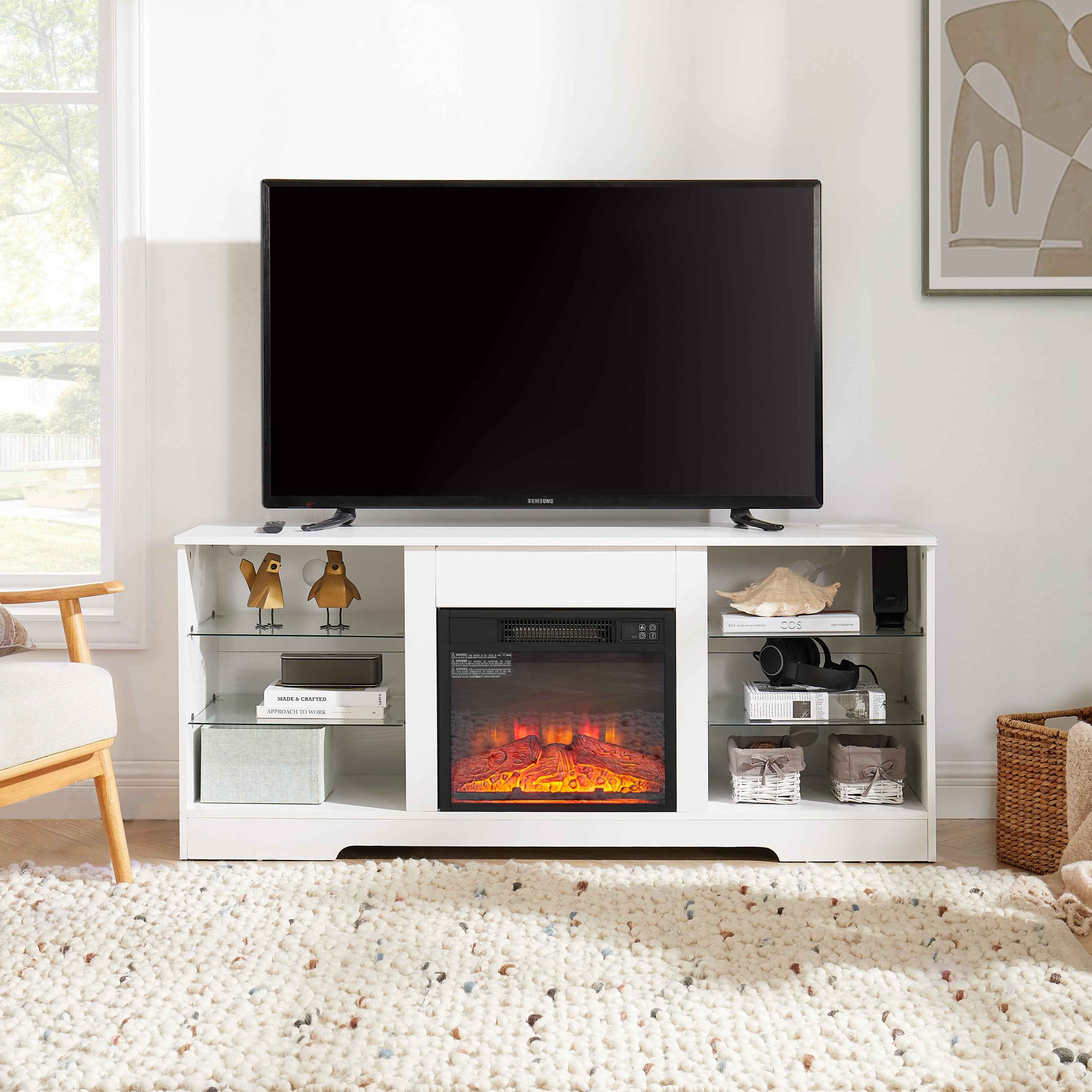 TV Stand Electric Fireplace TV Stand with Glass Shelves, 3D Fireplace TV Stand with LED Lights Wood with USB Charging Outlet Modern Television Table Center for TV up to 32-62' White 58''W*15.4''D*24.6