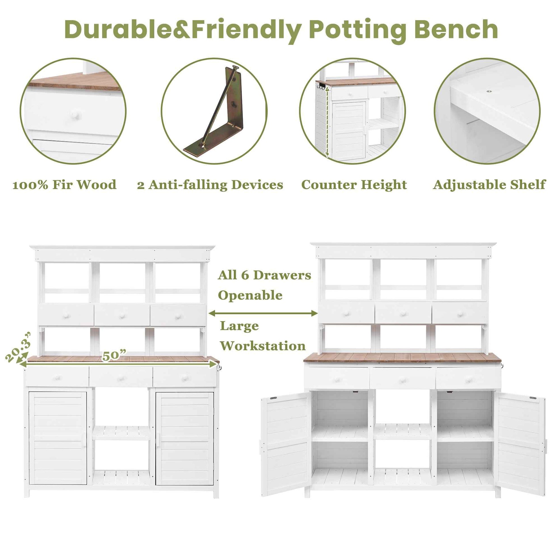 [Assembly Video Provided] TOPMAX 65.7'' H Tall Garden Potting Bench Table with Hutch,Patio Storage Workstation with 3 Shelves,6 Drawers,2 Bottom Cabinets&Side Hooks for Mudroom,Doorway, White