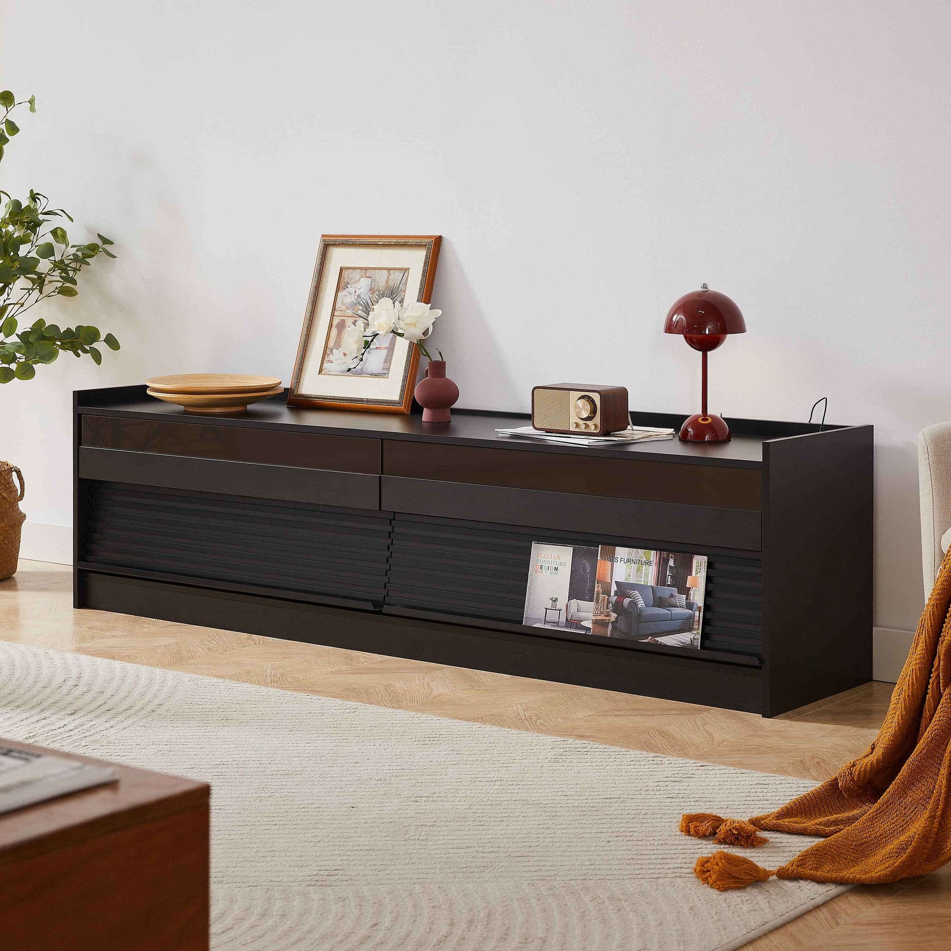 Mirod Modern TV Stand with Ample Storage,4 Drawer Design with Tempered Glass ,Built-in Charging Ports and Ambient LED Lighting ,Versatile for Any Decor Style