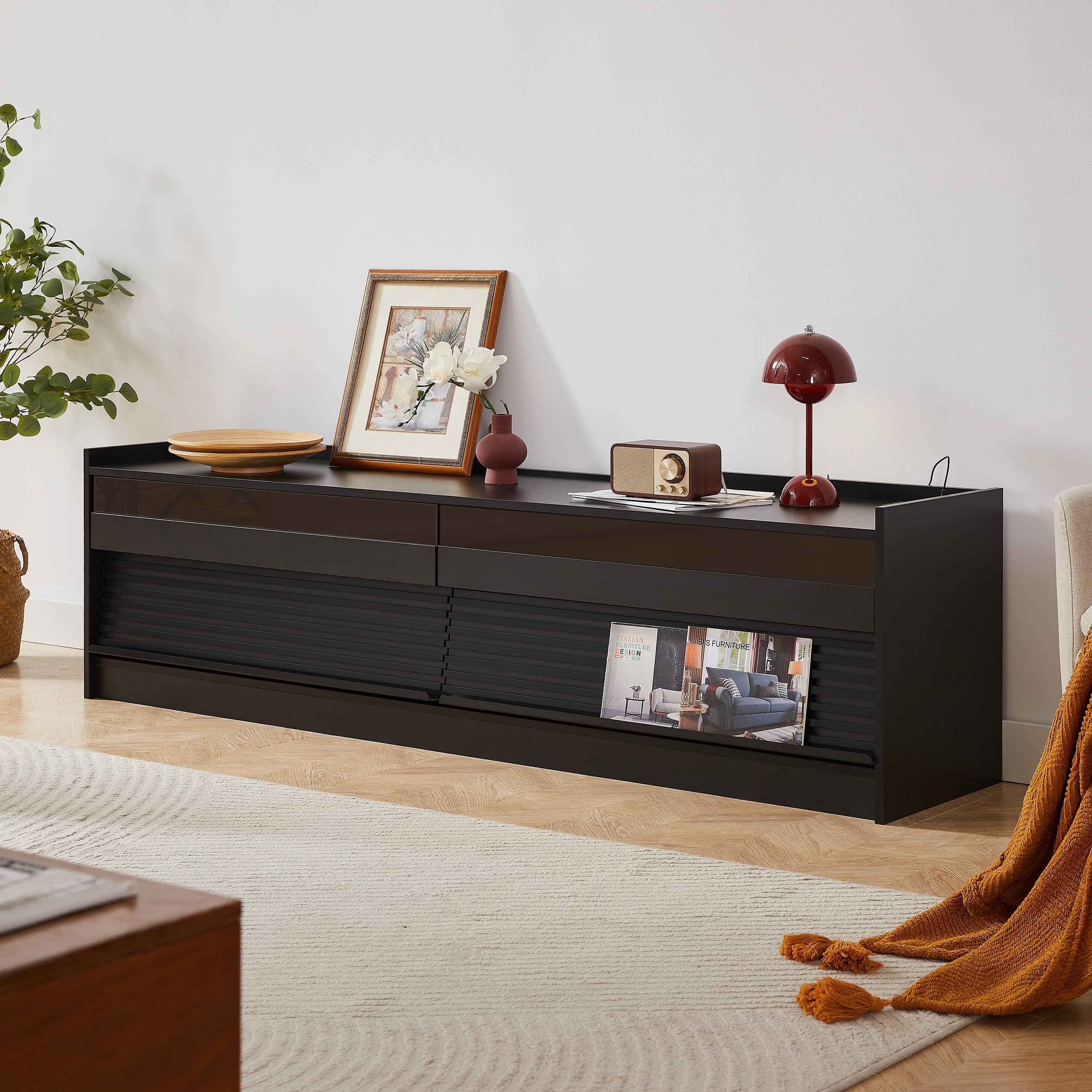 Mirod Modern TV Stand with Ample Storage,4 Drawer Design with Tempered Glass ,Built-in Charging Ports and Ambient LED Lighting ,Versatile for Any Decor Style