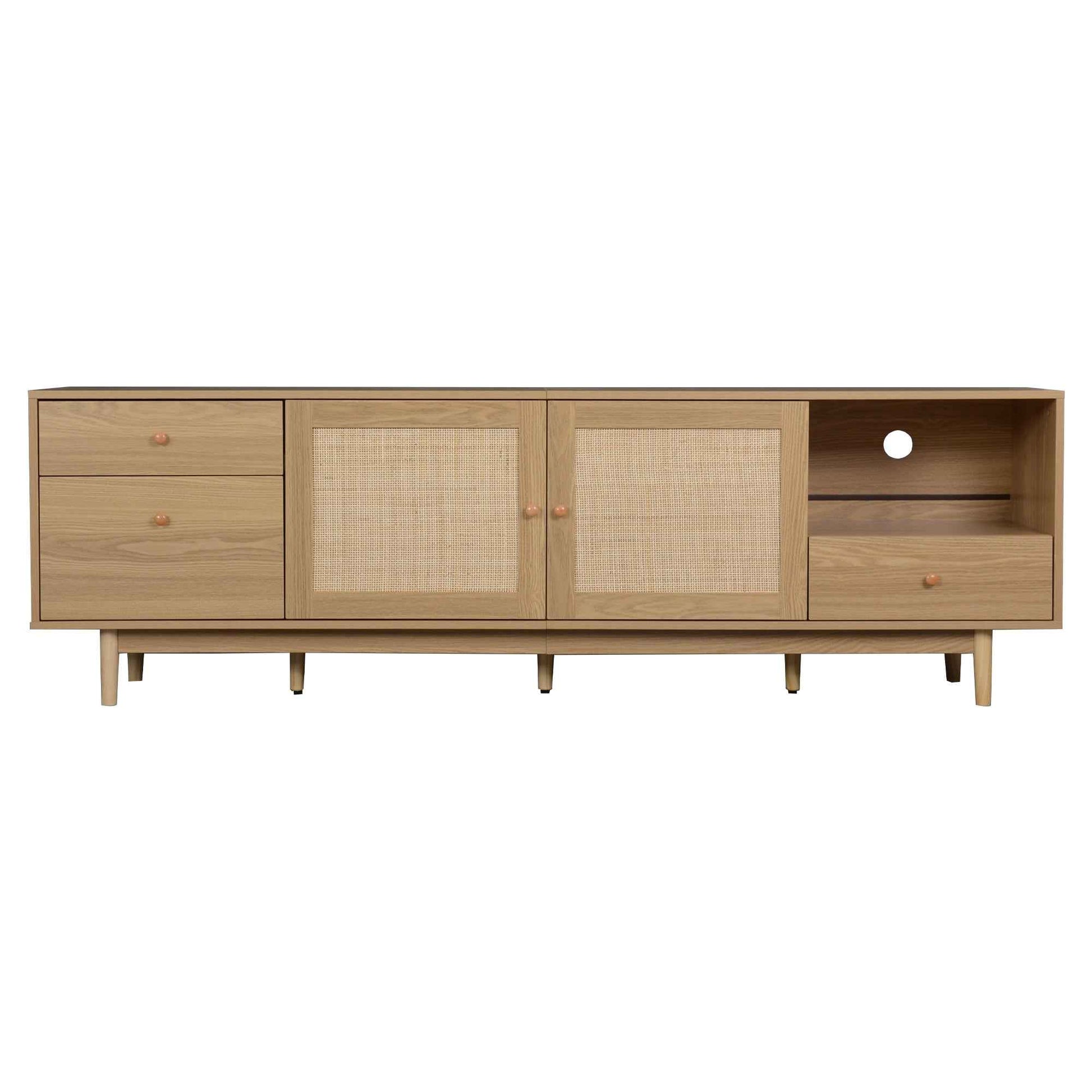 Boho TV Stand for 65 75 85 Inch TV with Real Rattan Doors, Modern Wood Media Console in Natural Finish, 76.6'' L x 15.7'' W x 23.6'' H