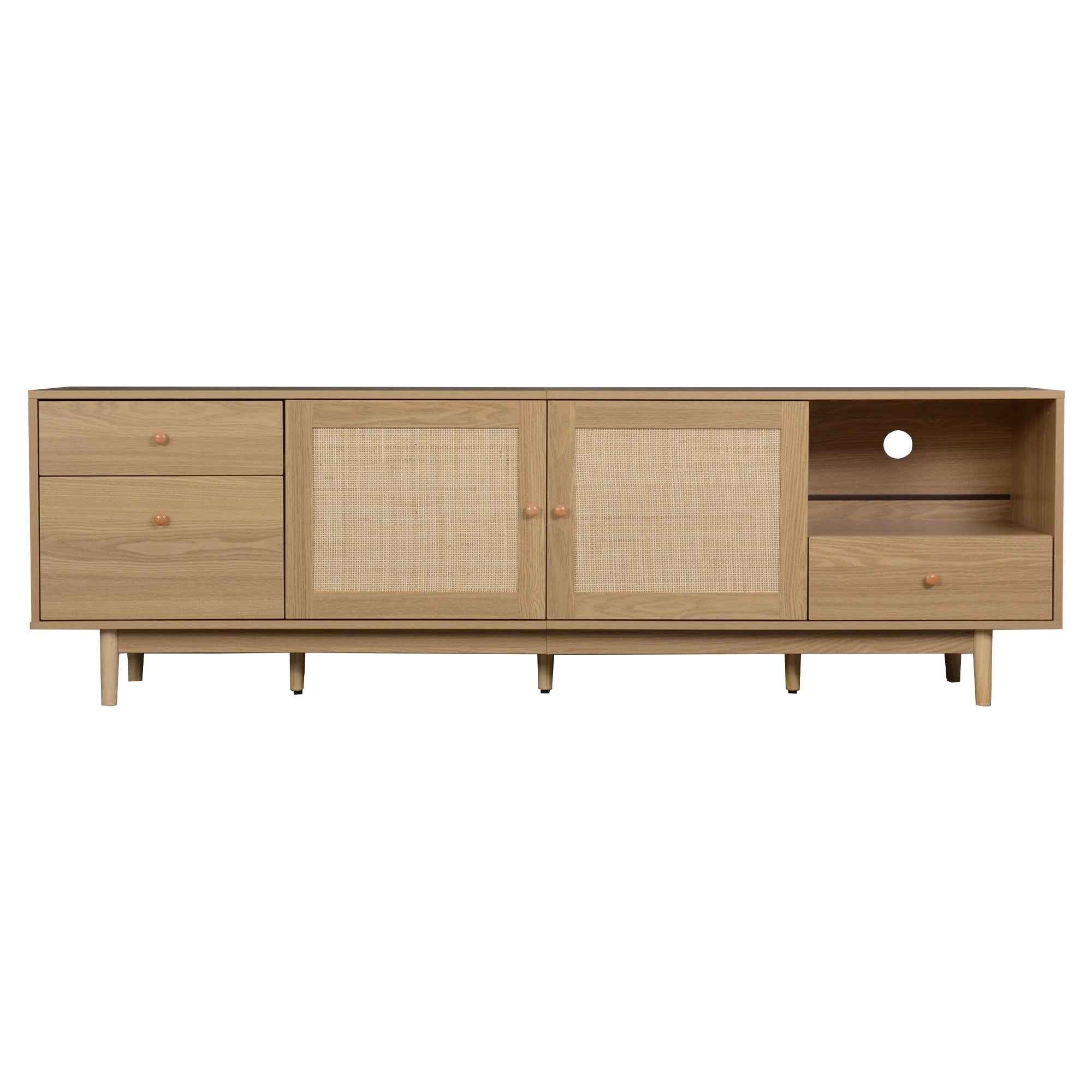 Boho TV Stand for 65 75 85 Inch TV with Real Rattan Doors, Modern Wood Media Console in Natural Finish, 76.6'' L x 15.7'' W x 23.6'' H