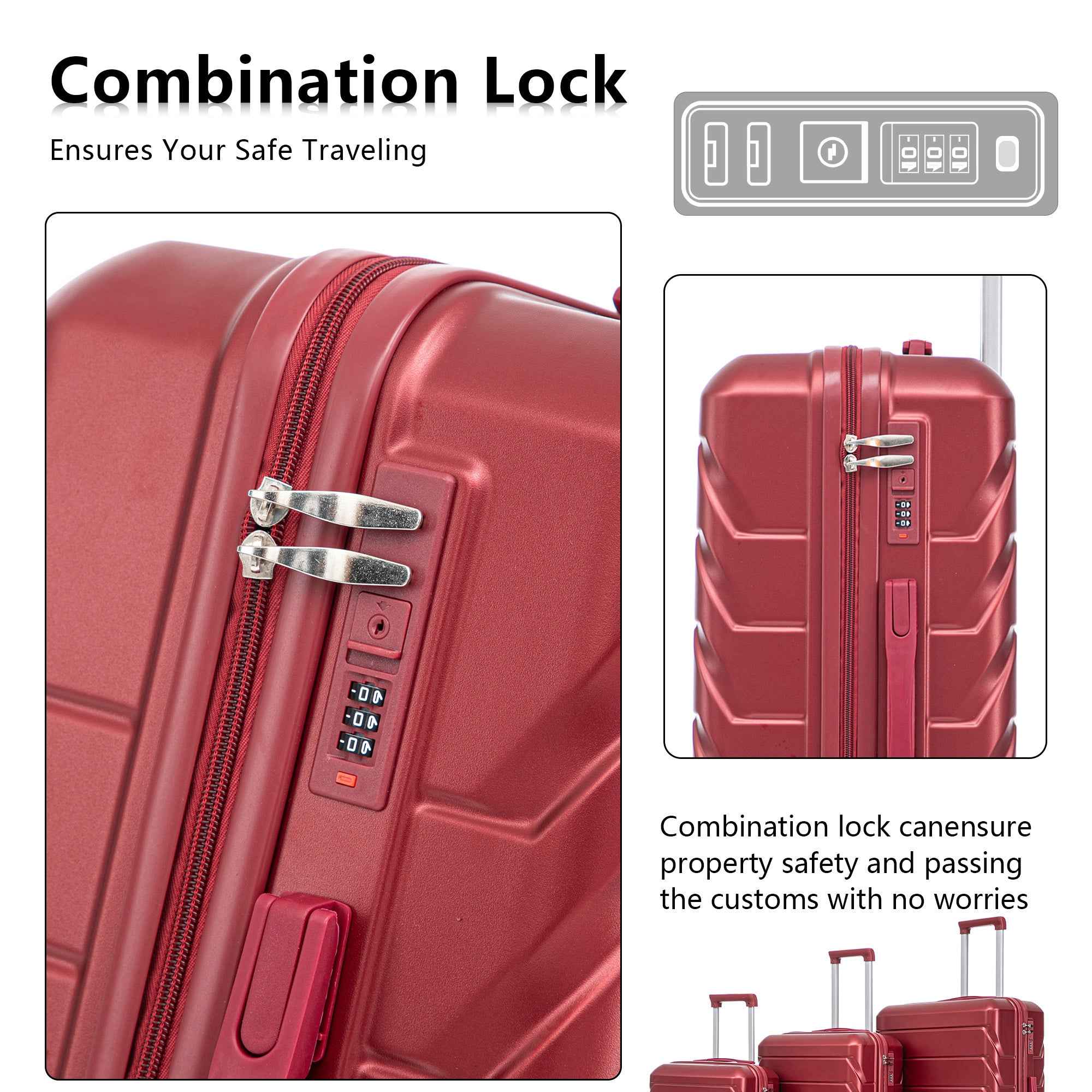 Set 3PCs 20'/24'/28' ABS Spinner Wheel Luggage, Matching Color, with Combination Lock - Wine Red