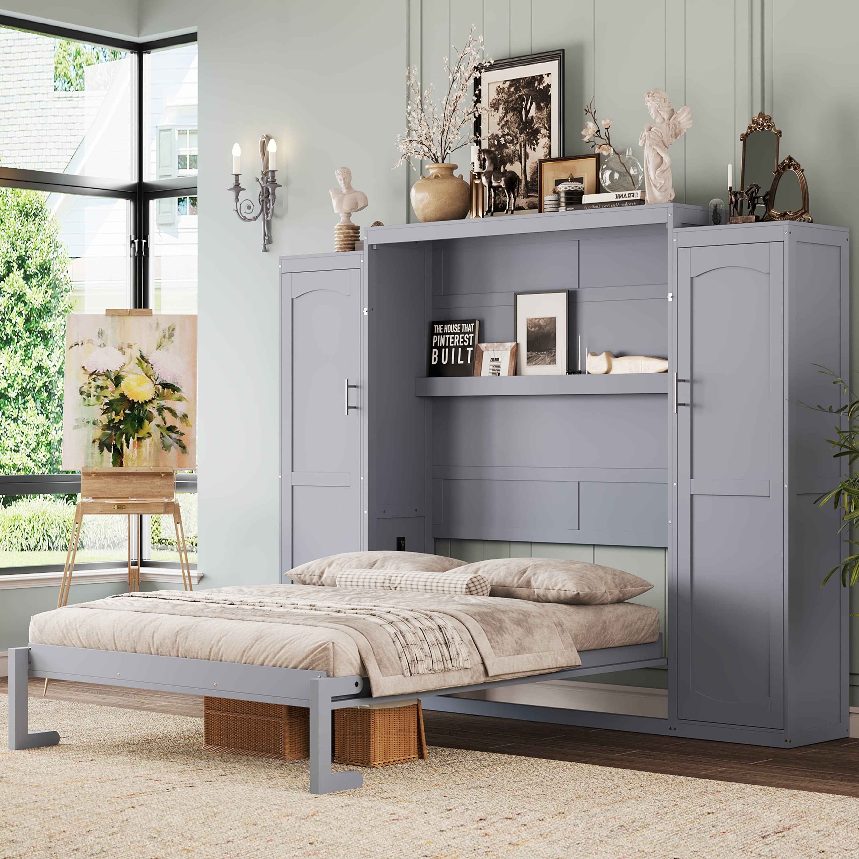 Full Size Murphy Bed, Wooden Full Wall Bed with 2 Wardrobe and Storage Shelf, Multifunctional Foldable Platform Bedframe for Guest-Room, Bedroom, Gray