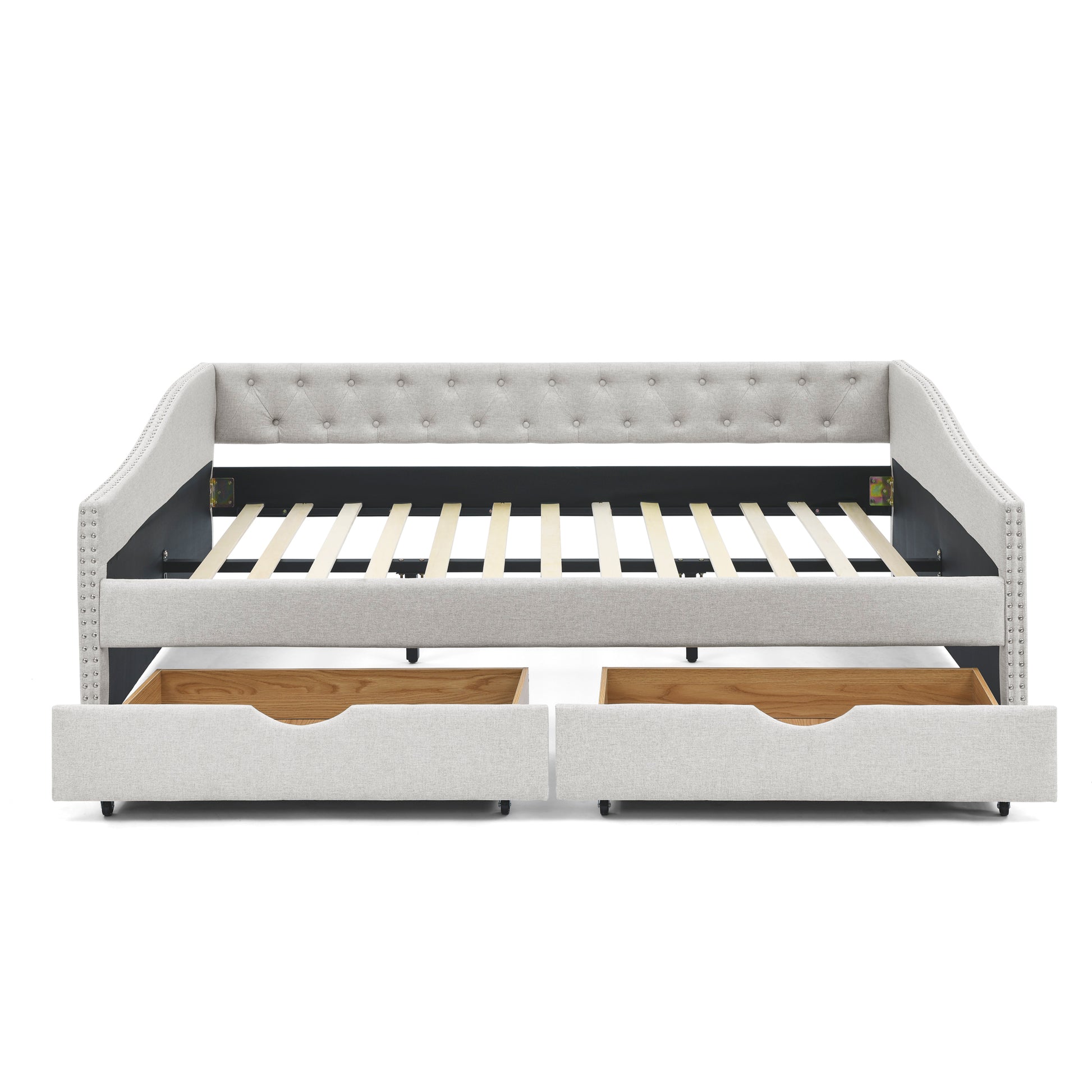 Queen Size Daybed with Drawers Upholstered Tufted Sofa Bed,,with Button on Back and Copper Nail on Waved Shape Arms, Beige (84.5'x63.5'x26.5') - Abrihome