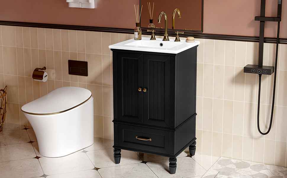 20' Bathroom Vanity with Sink, Bathroom Cabinet with Two Doors, Magnetic Door Stopper and  Adiustable Foot Pads, A Drawer, Black