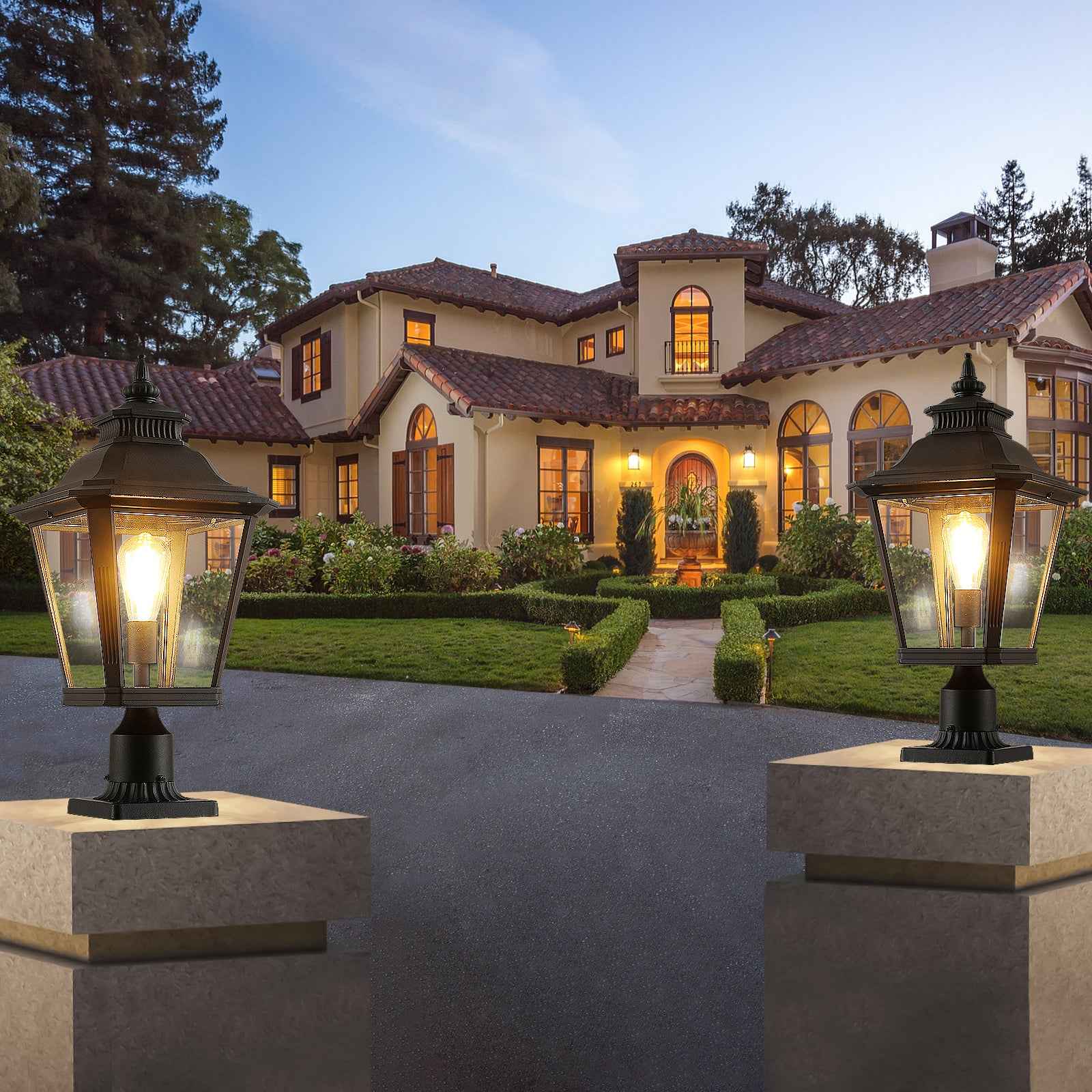 21'(H) 2-Pack Outdoor Post Lantern Light – Vintage Black Metal & Clear Glass Pillar Lamp for Garden, Gate, Driveway, and Pathway Lighting with Elegant Design (Bulb Not Included)