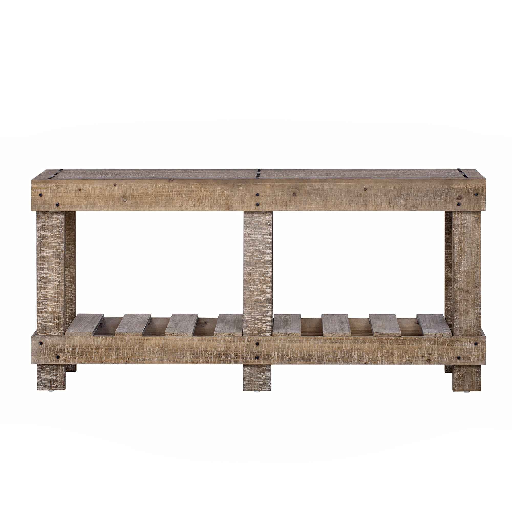 U_Style 62.9' Vintage Entryway Table - Fir Solid Wood with Natural Grain, 6 Reinforced Legs & 4.5' Thick Desktop, Metal Rivet Decor & Plank Under-Shelf, Console Table for Hallway, Living Room