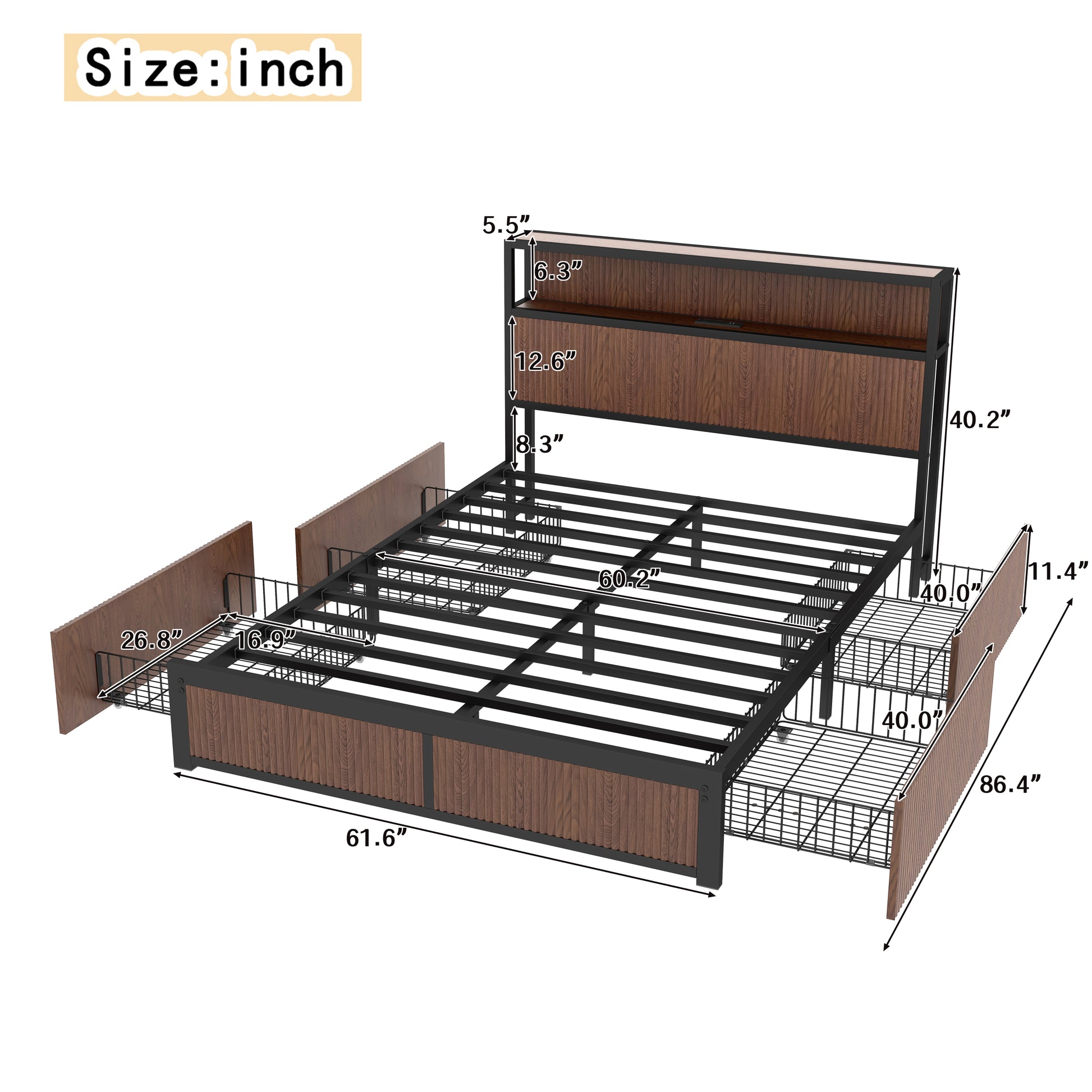 Large raised-pattern storage bed frame, wooden platform bed frame with multiple drawer storage function, bedside socket, brown wood (Queen) - Abrihome