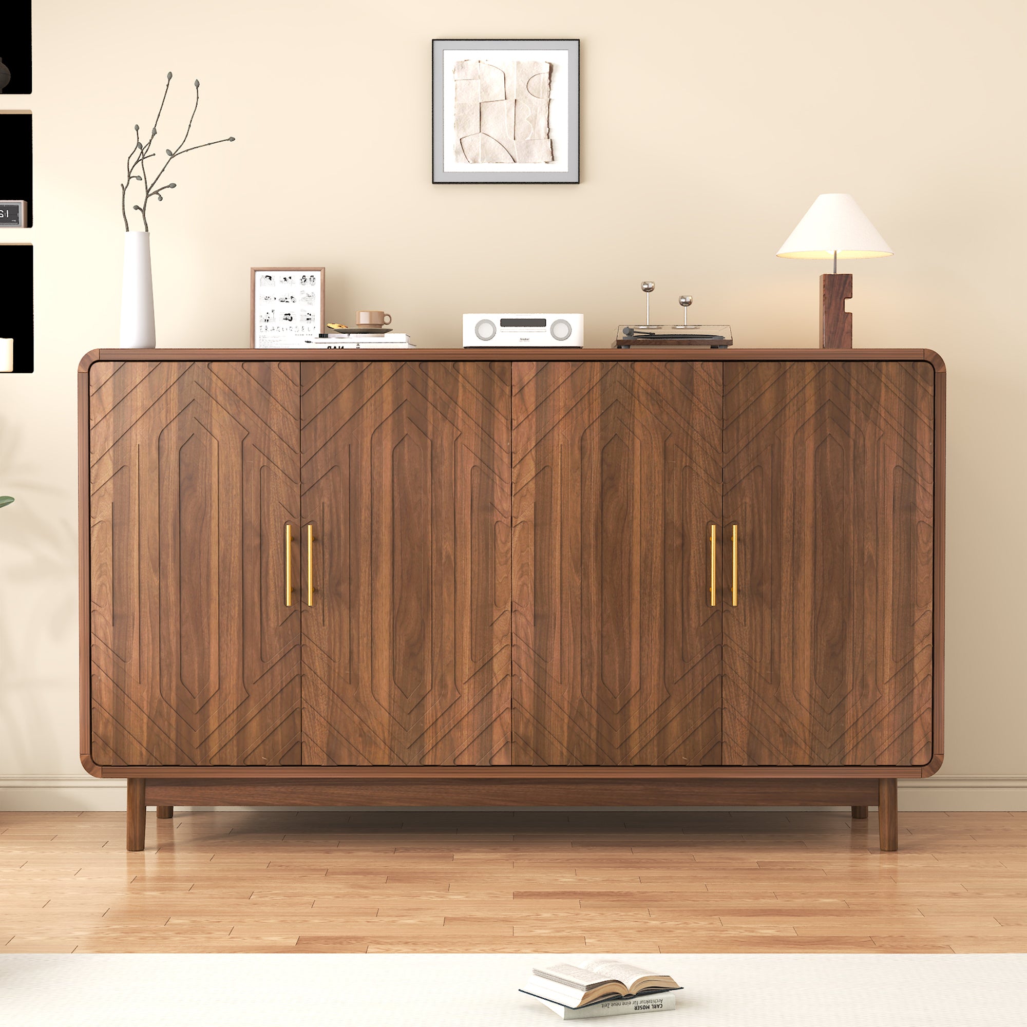 Sideboard Buffet Cabinet With Storage ,Carved 4 Door Sideboard,Multifunctional Accent Cabinet With Adjustable Layer Board For Living Room, Entryway, Hallway, Office, Kitchen and Dining
