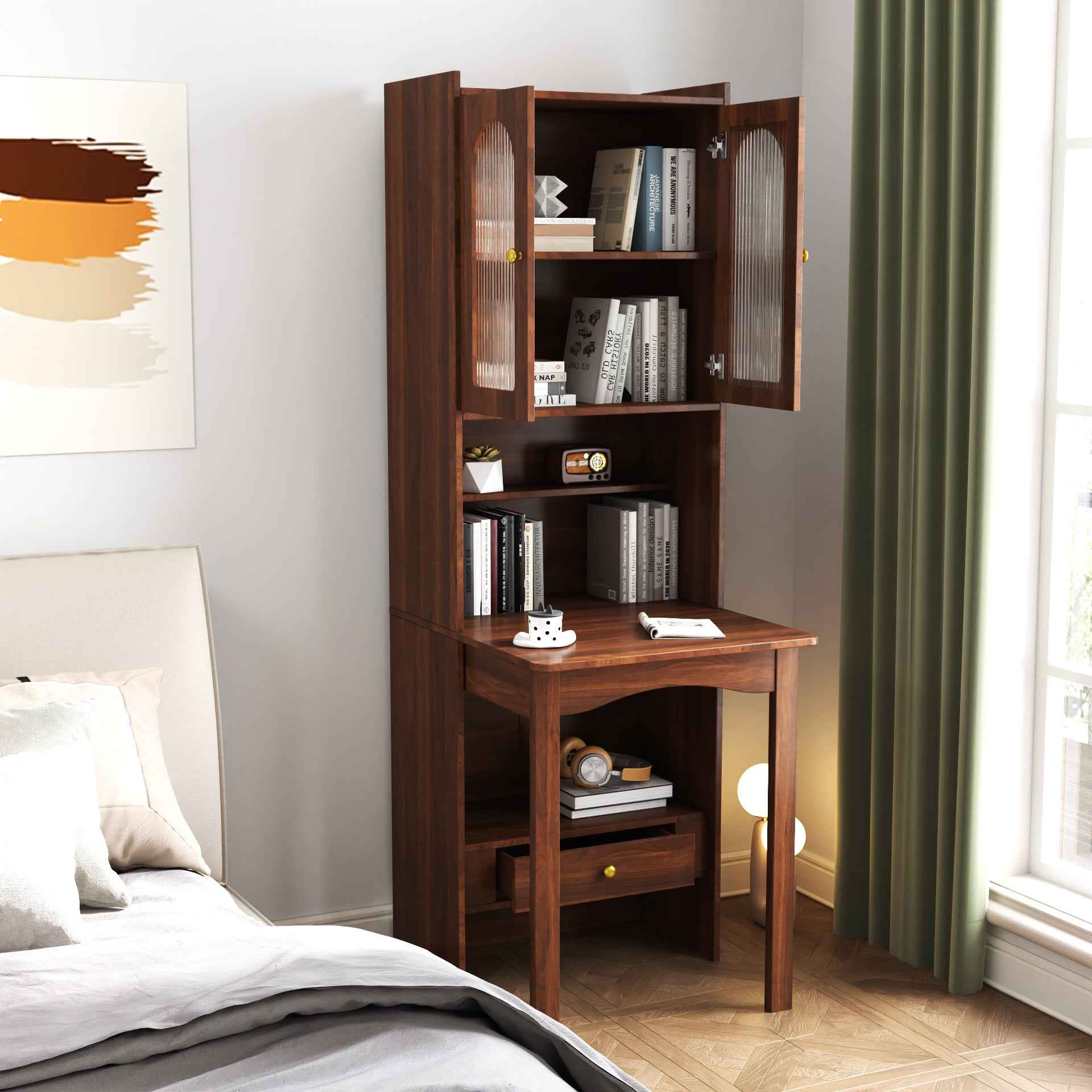 Fold-Out Convertible Writing Table,  Desk Cabinet with shelf and drawer Multi-Function Home Office Workstation