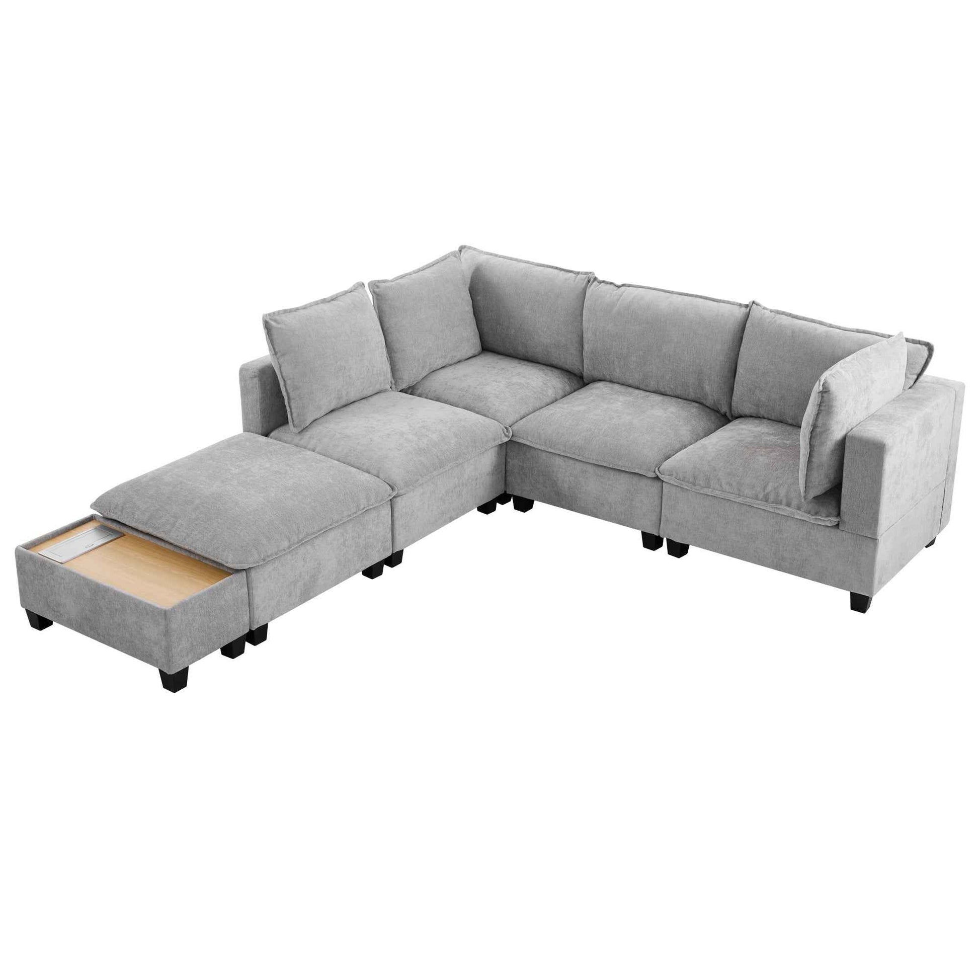 Modular 90' U-shaped Sectional Sofa with Movable Ottoman and Hidden Charging Coffee Table, Grey, Chenille