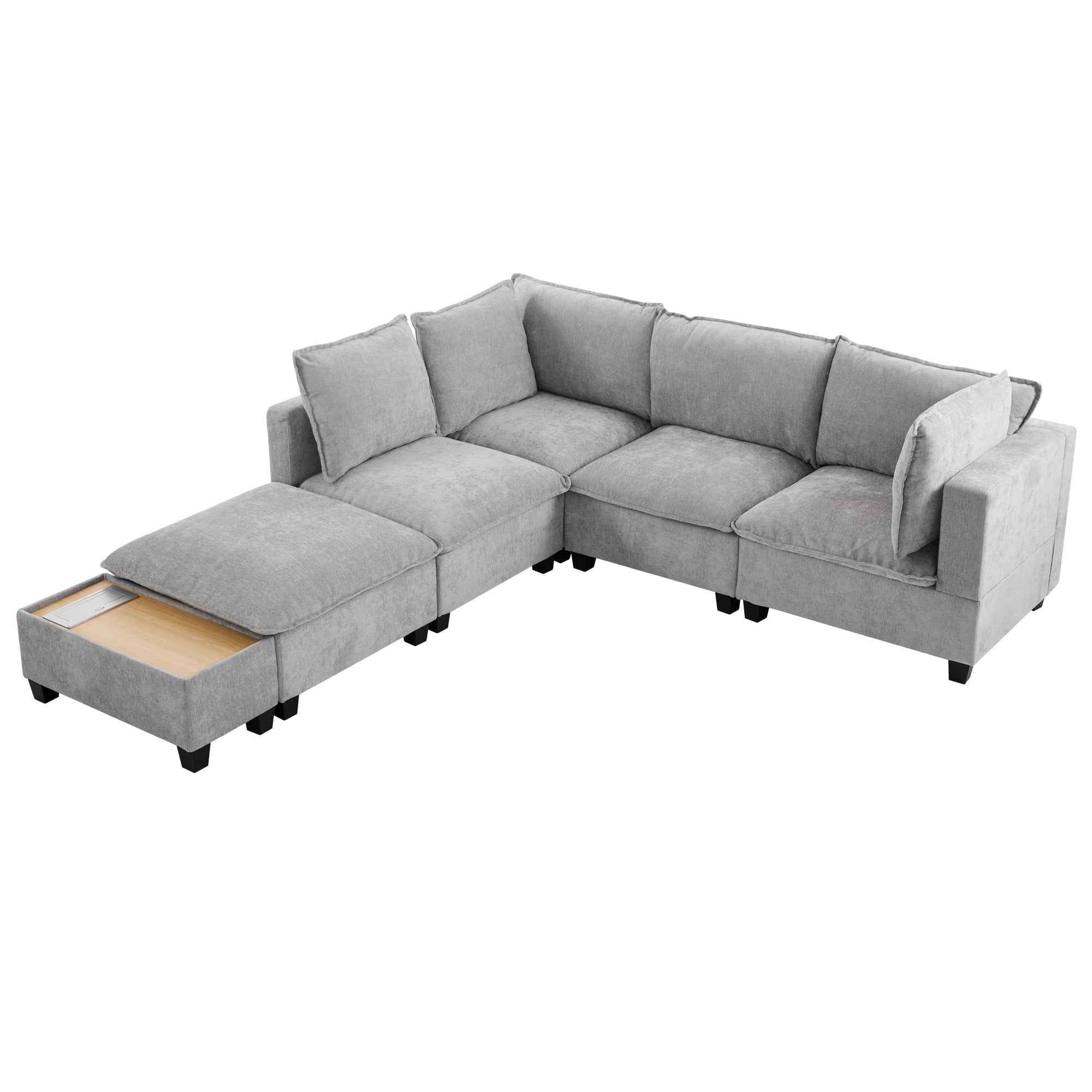 Modular 90' U-shaped Sectional Sofa with Movable Ottoman and Hidden Charging Coffee Table, Grey, Chenille
