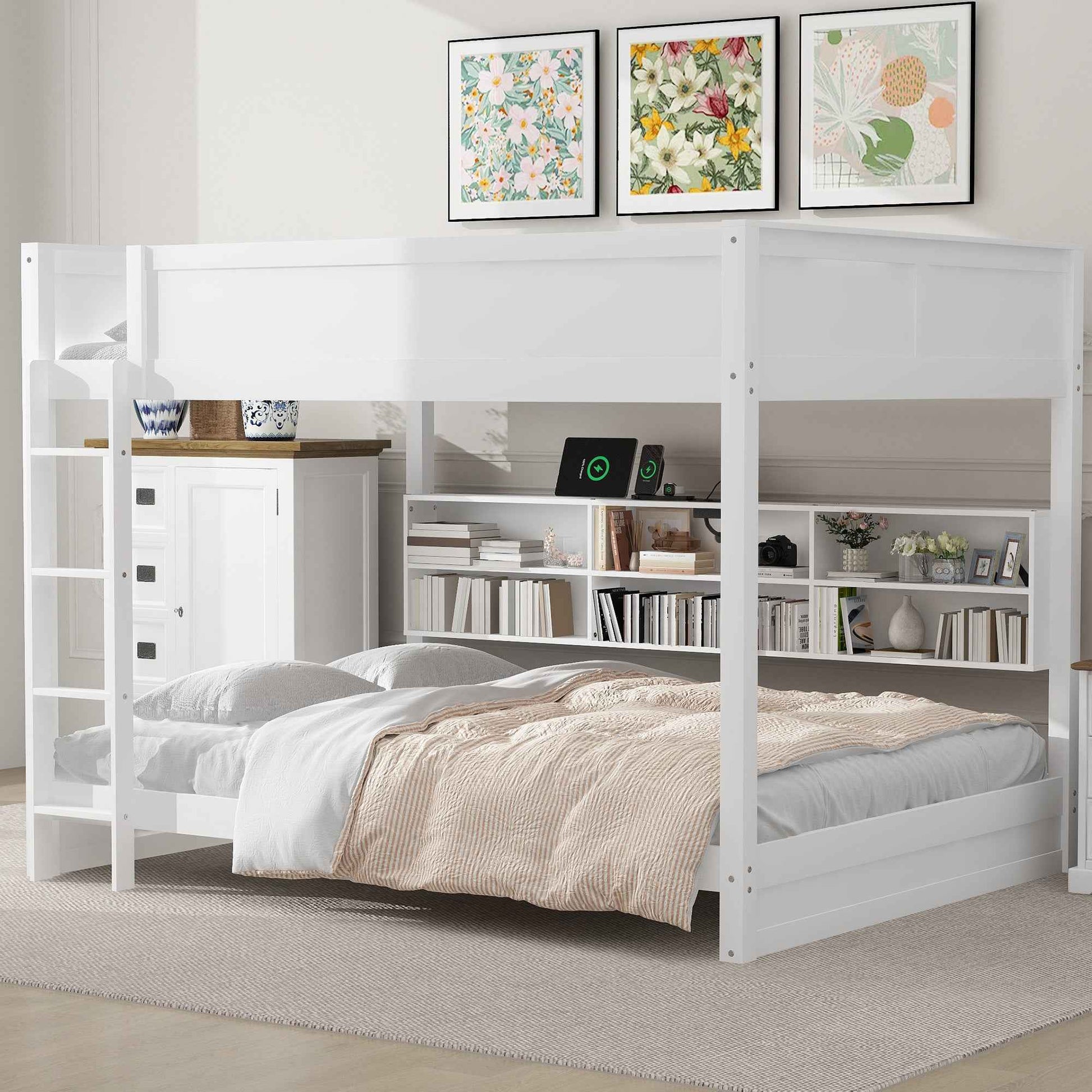 White Queen over Queen Bunk Bed with Storage Cabinets and USB Ports, Pine Wood+MDF