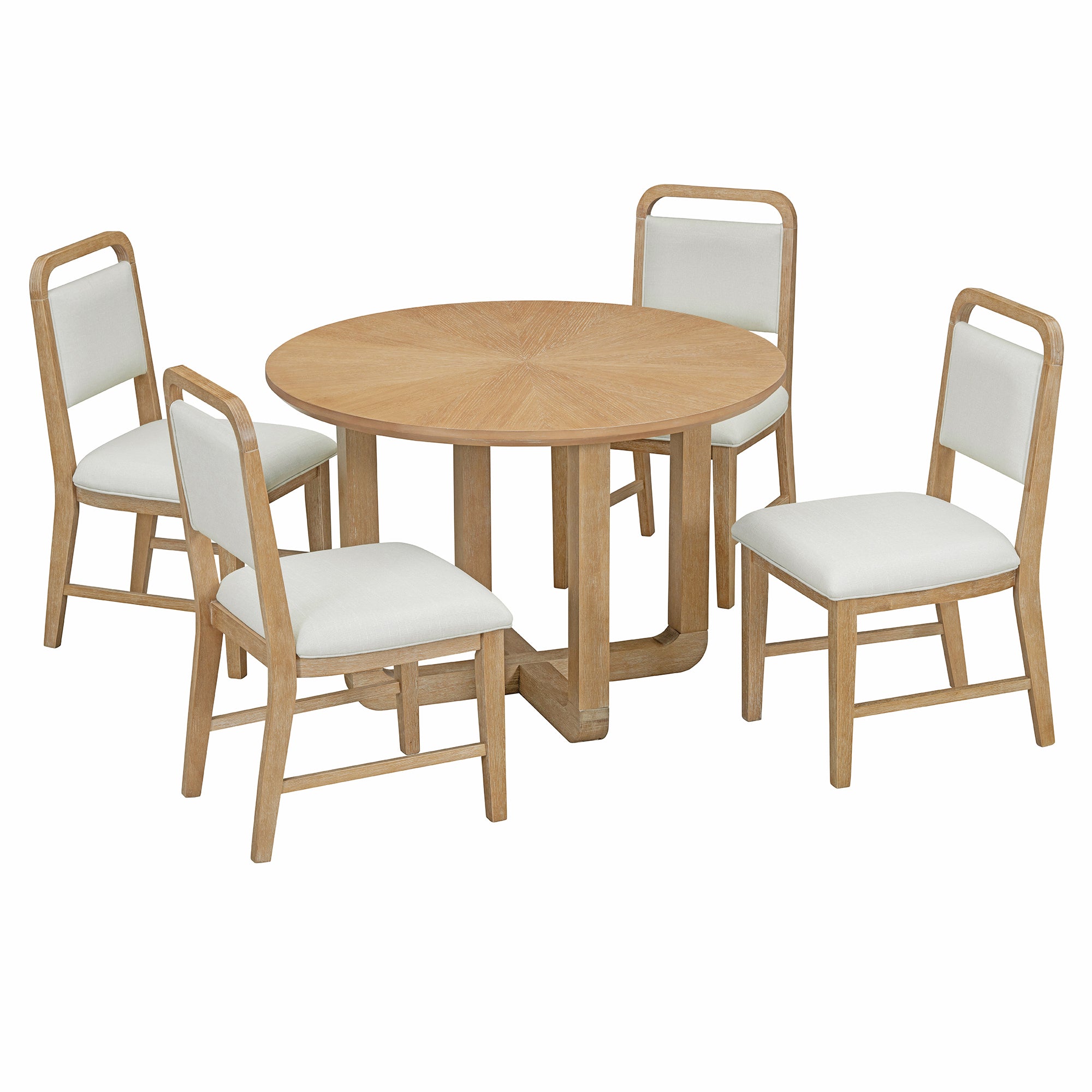 TREXM 5-Piece Retro Dining Set, Round Table Top with Radial Wood Grain Design and 4 Upholstered Chairs for Dining Room and Kitchen (Natural Wood Wash)