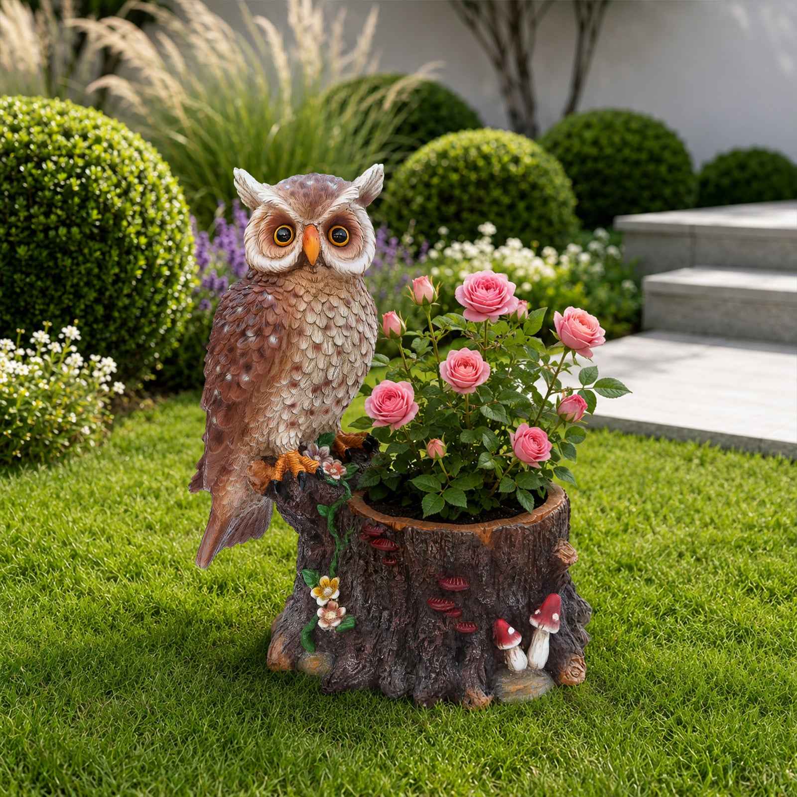 Sitting Owl with Tree Trunk Garden Planter - Rustic Polyresin Owl Figurine and Flower Pot Combo for Outdoor & Indoor Decor