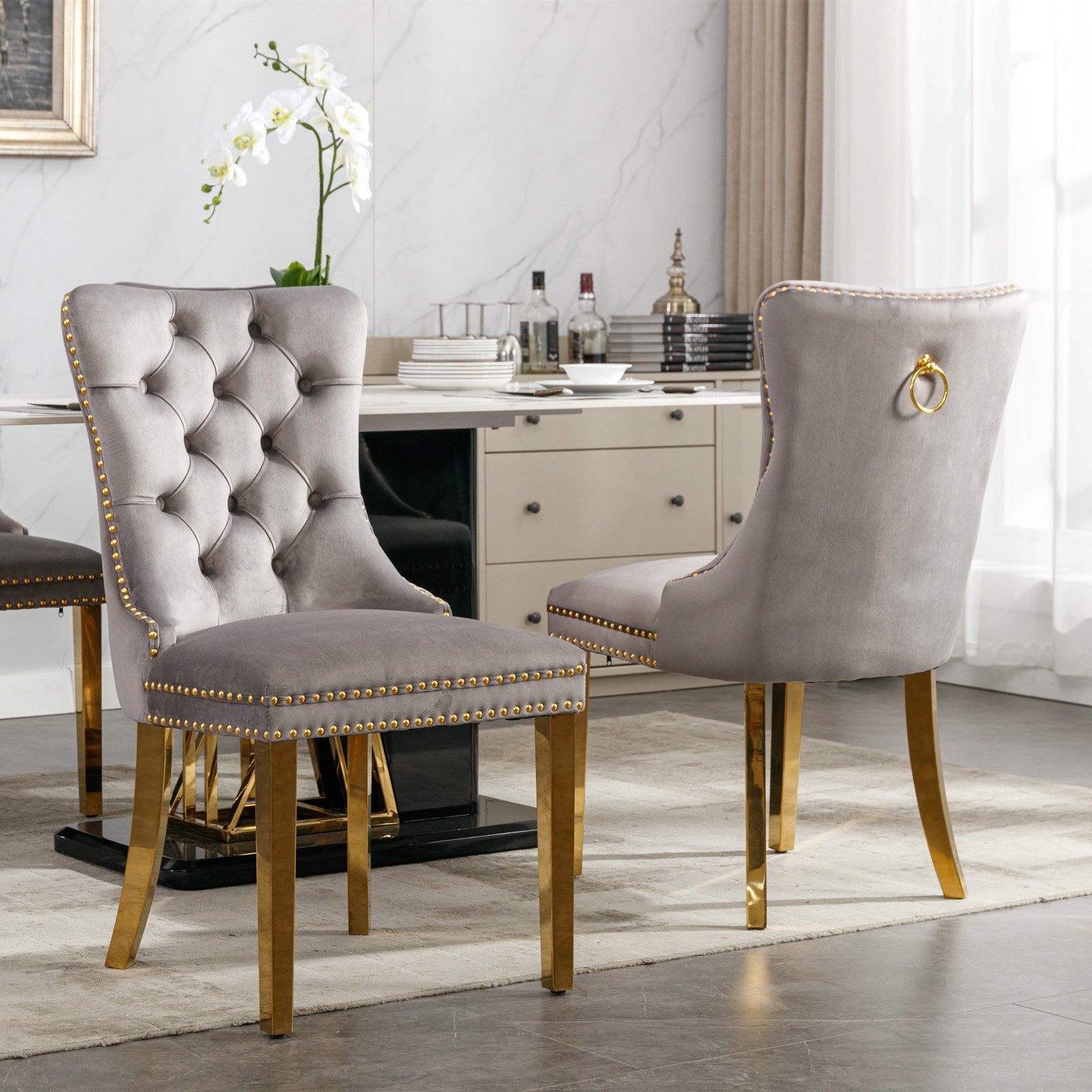 Nikki Collection Modern, High-end Tufted Solid Wood Contemporary Velvet Upholstered Dining Chair with Golden Stainless Steel Plating Legs,Nailhead Trim,Set of 2,Gray and Gold, SW1601GY