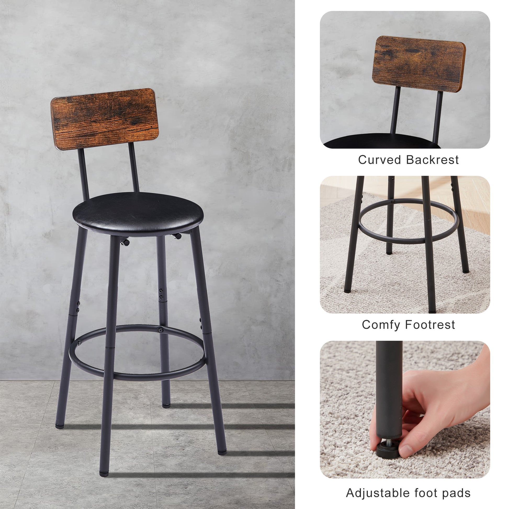 Bar Table Set with 2 Bar stools PU Soft seat with backrest, Rustic Brown, 43.31'' L x 15.75'' W x 35.43'' H. - Abrihome