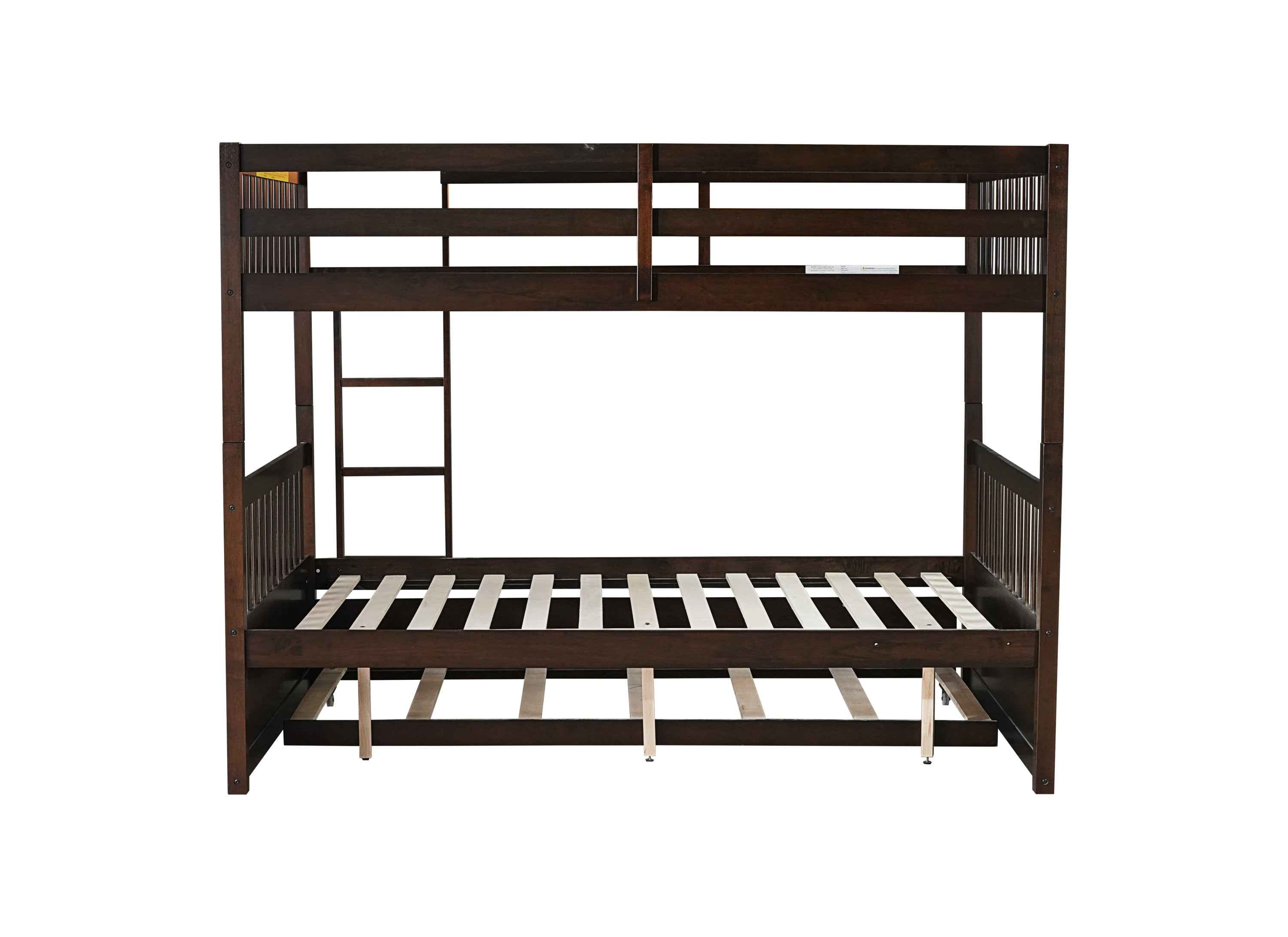Full Over Full Rubber Wood Bunk Bed with Trundle, Ladder and Guardrails, Convertible to 2 Full Size Beds, with Twin Size Trundle ,Espresso