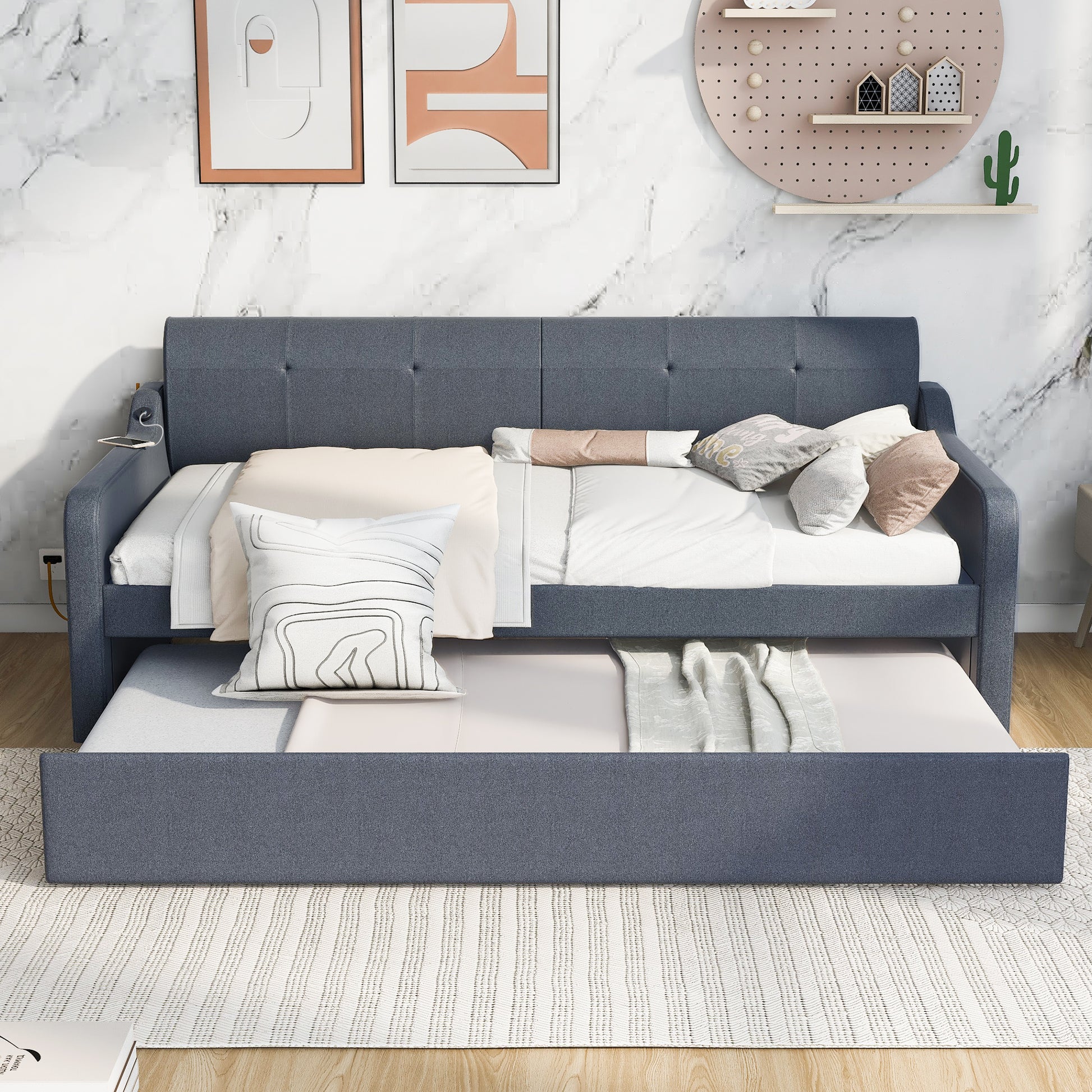 Twin Size Upholstery DayBed with Trundle and USB Charging Design,Trundle can be flat or erected,Gray - Abrihome