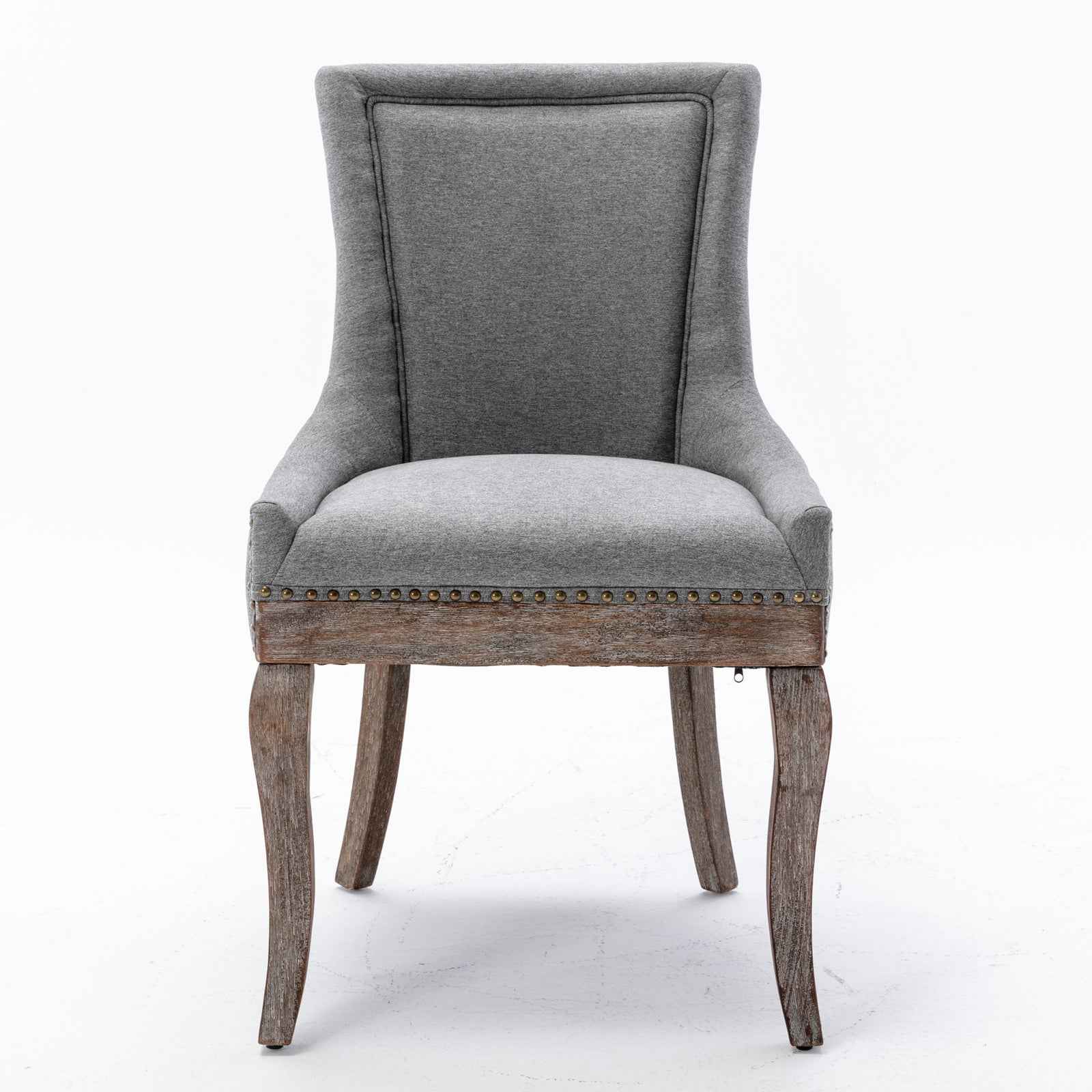 A&A Furniture,Ultra Side Dining Chair，Thickened fabric chairs with neutrally toned solid wood legs， Bronze nail head，Set of 2，Gray