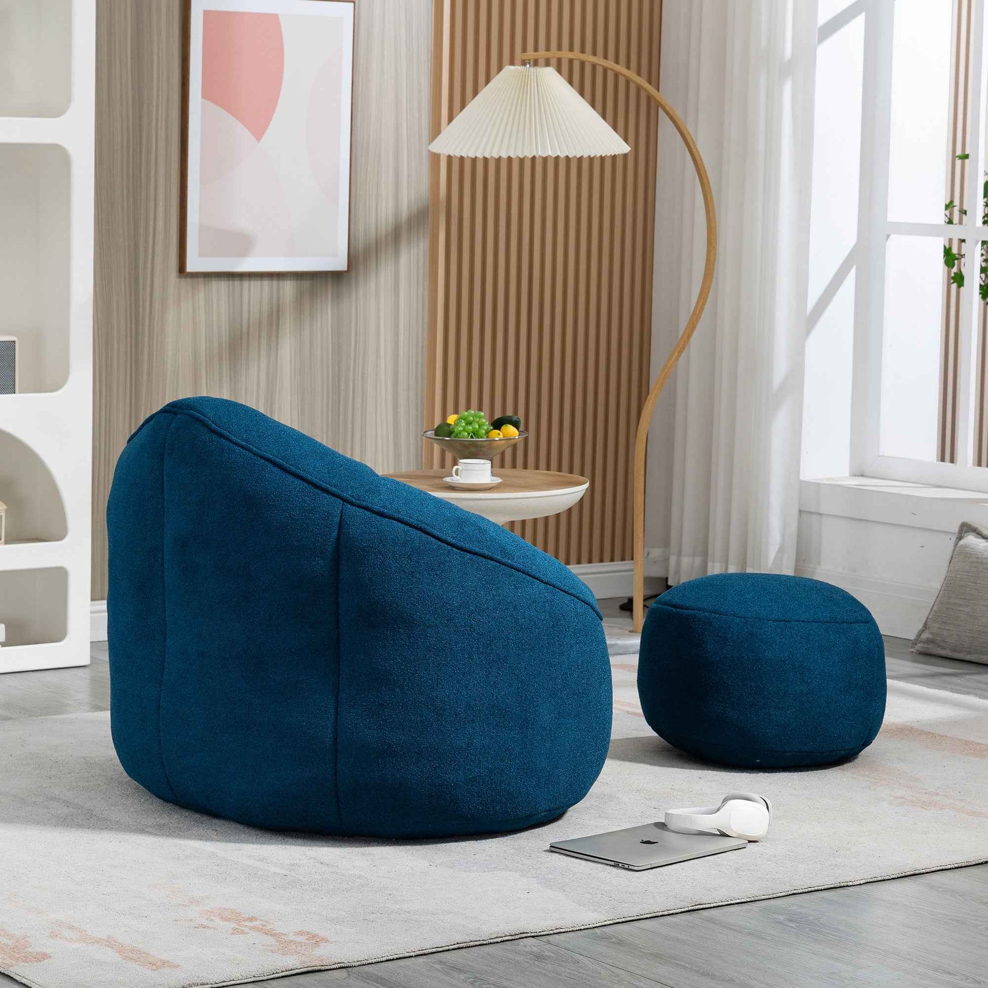 Bedding Bean Bag Sofa Chair with High-Pressure Foam and Footrest, Blue Microfiber