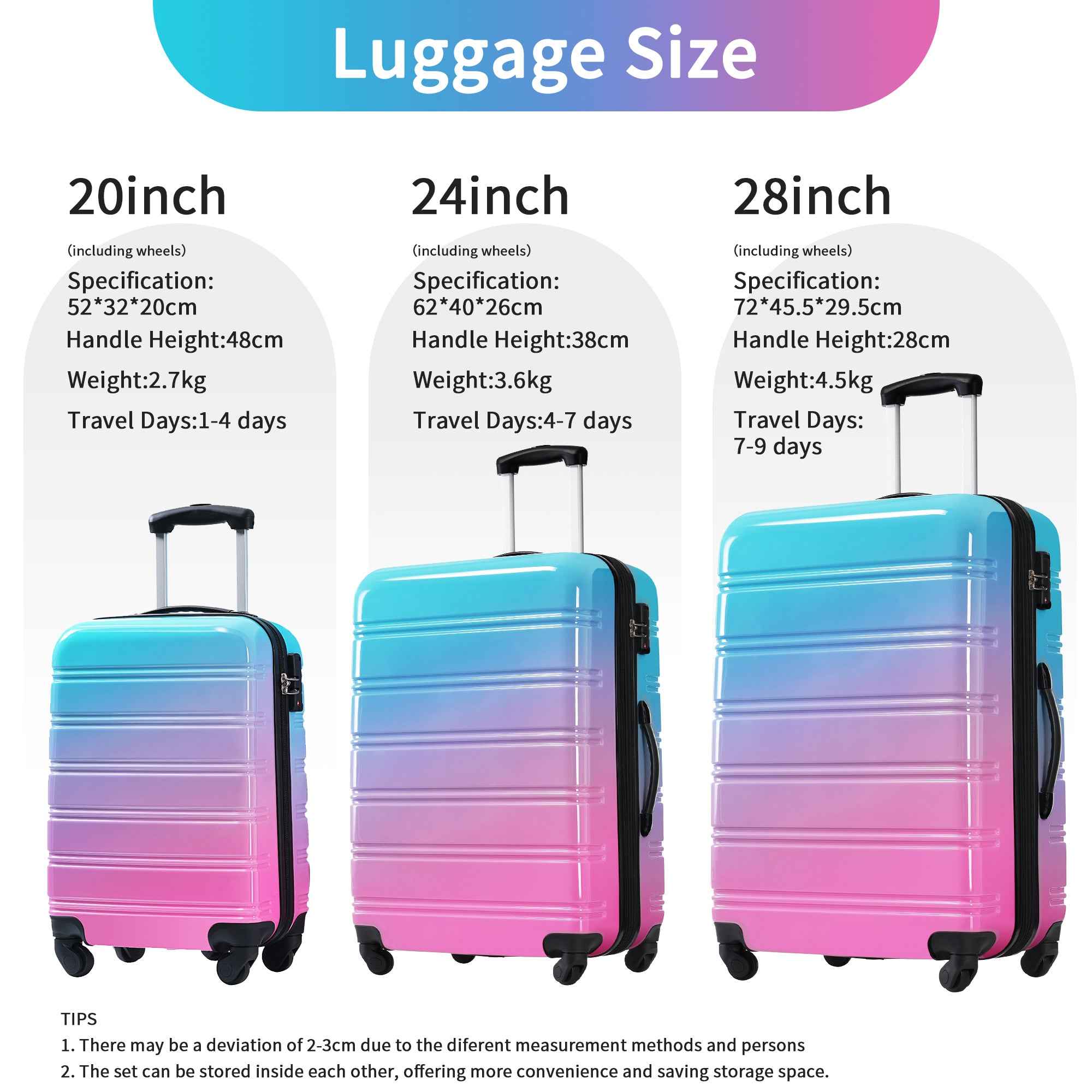 Gradient Color Expandable Hardshell Luggage Sets with Spinner Wheels and TSA Lock, Lightweight 20' 24' 28', Blue and Red