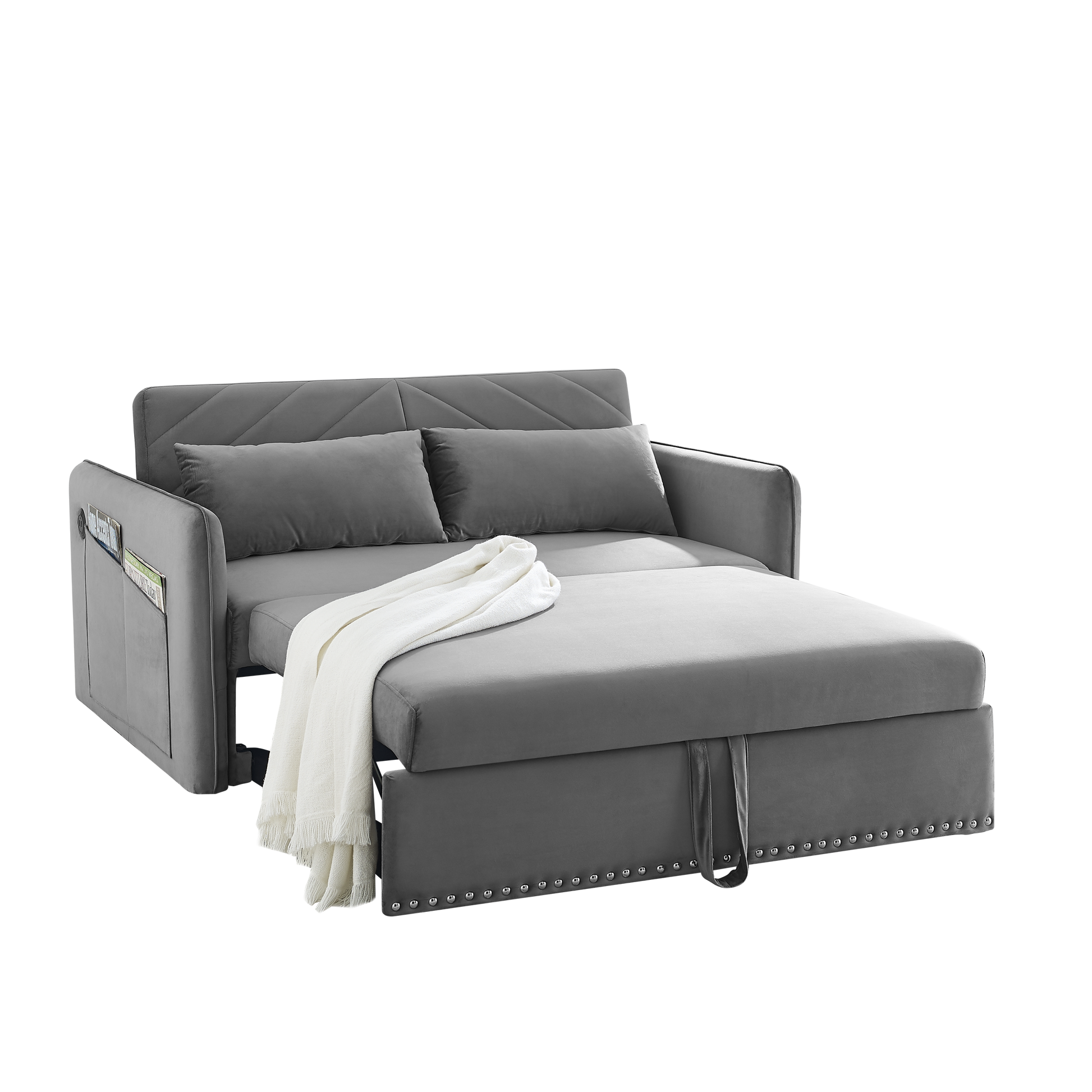 MH' Sleeper Sofa Bed w/USB Port, 3-in-1 adjustable sleeper with pull-out bed, 2 lumbar pillows and side pocket, soft velvet convertible sleeper sofa bed, suitable for living room bedroom - Abrihome