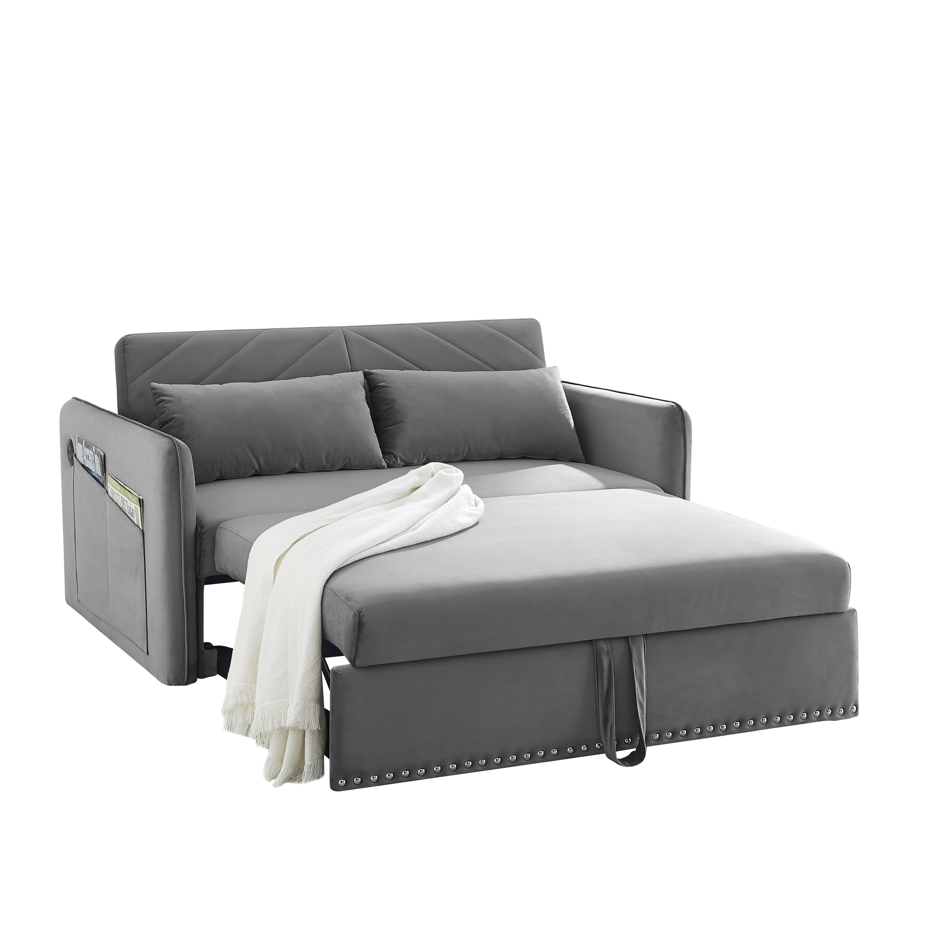 MH' Sleeper Sofa Bed w/USB Port, 3-in-1 adjustable sleeper with pull-out bed, 2 lumbar pillows and side pocket, soft velvet convertible sleeper sofa bed, suitable for living room bedroom - Abrihome