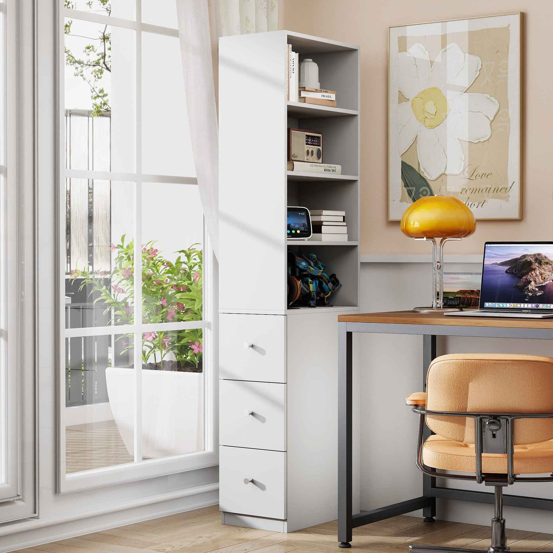 70.87' H Display Storage  Cabinet , 4-Tier Shelf, 3 Side Drawers , Modern Wooden Tall Bookshelf Bookcase for Living Room Home Office