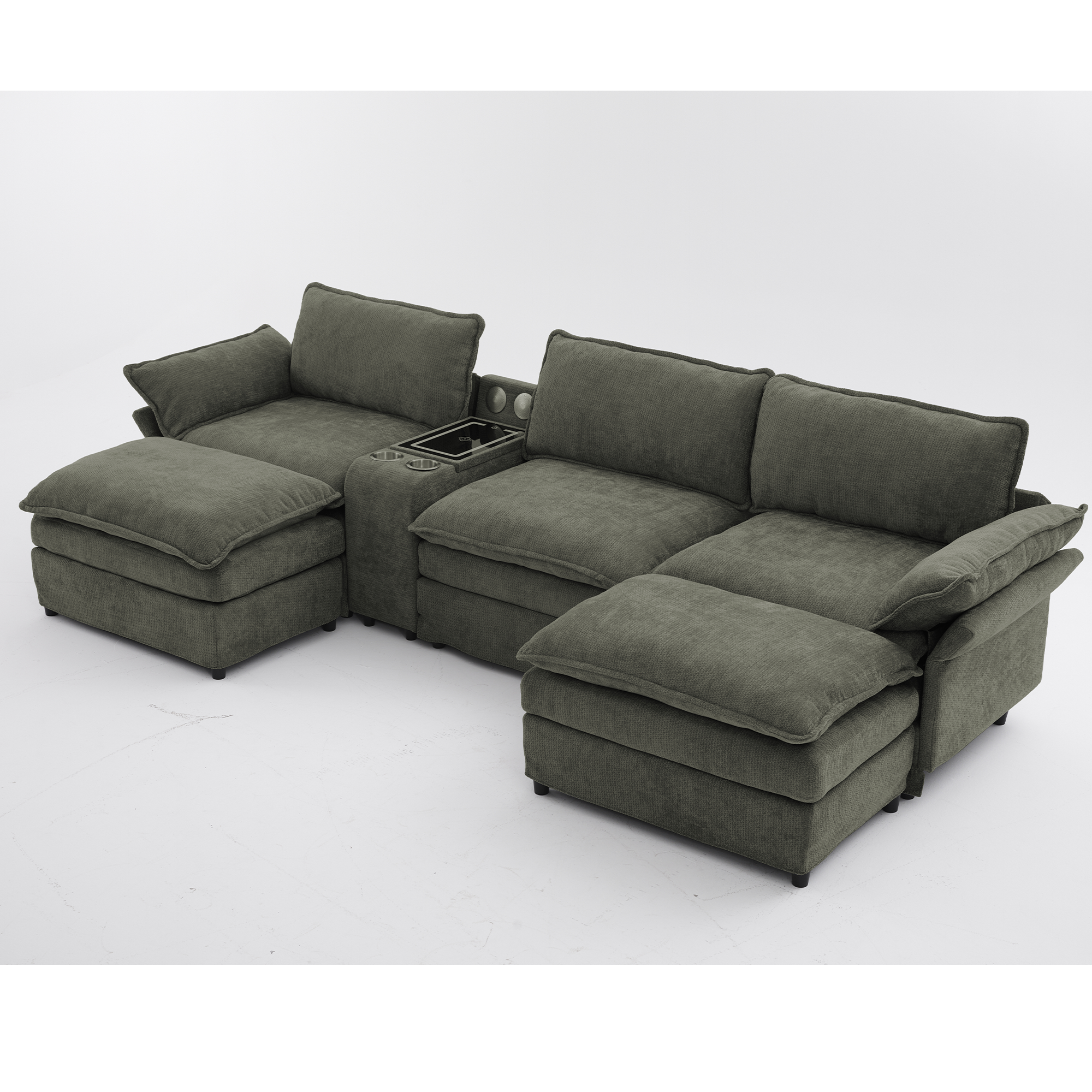 [NEW ARRIVED] [VIDEO PROVIDED]U Shaped Modular Sectional Sofa,Storage Console & Wireless Charging,2 Cup Holders,Bluetooth Speakers,2 Movable Footstools,Adjustable handrail,Movable seat,Chenille,Green