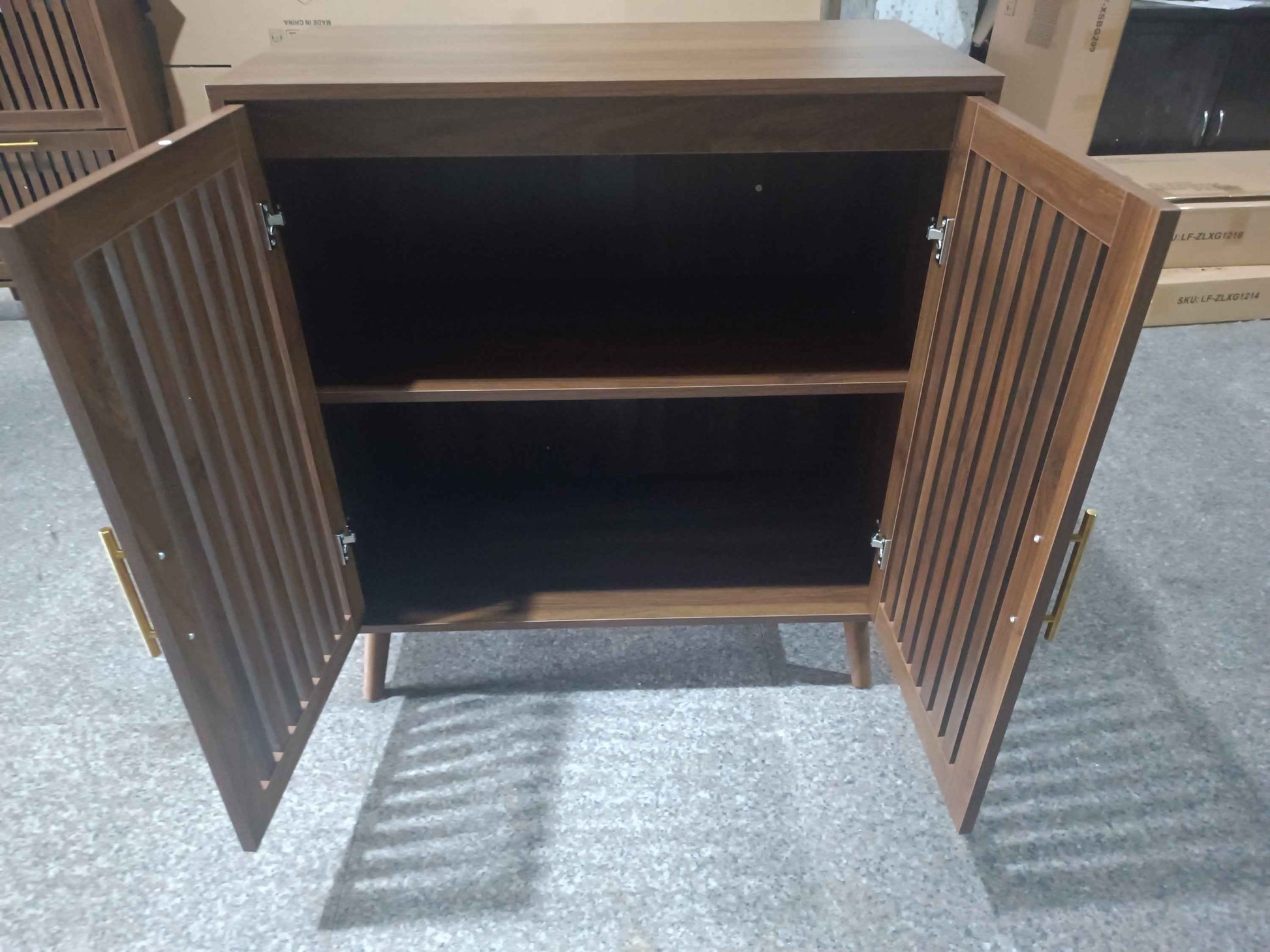 Farmhouse Walnut Sideboard Buffet Cabinet With Louvered Doors, Wood Coffee Bar Storage For Kitchen & Living Room, 31.5' W