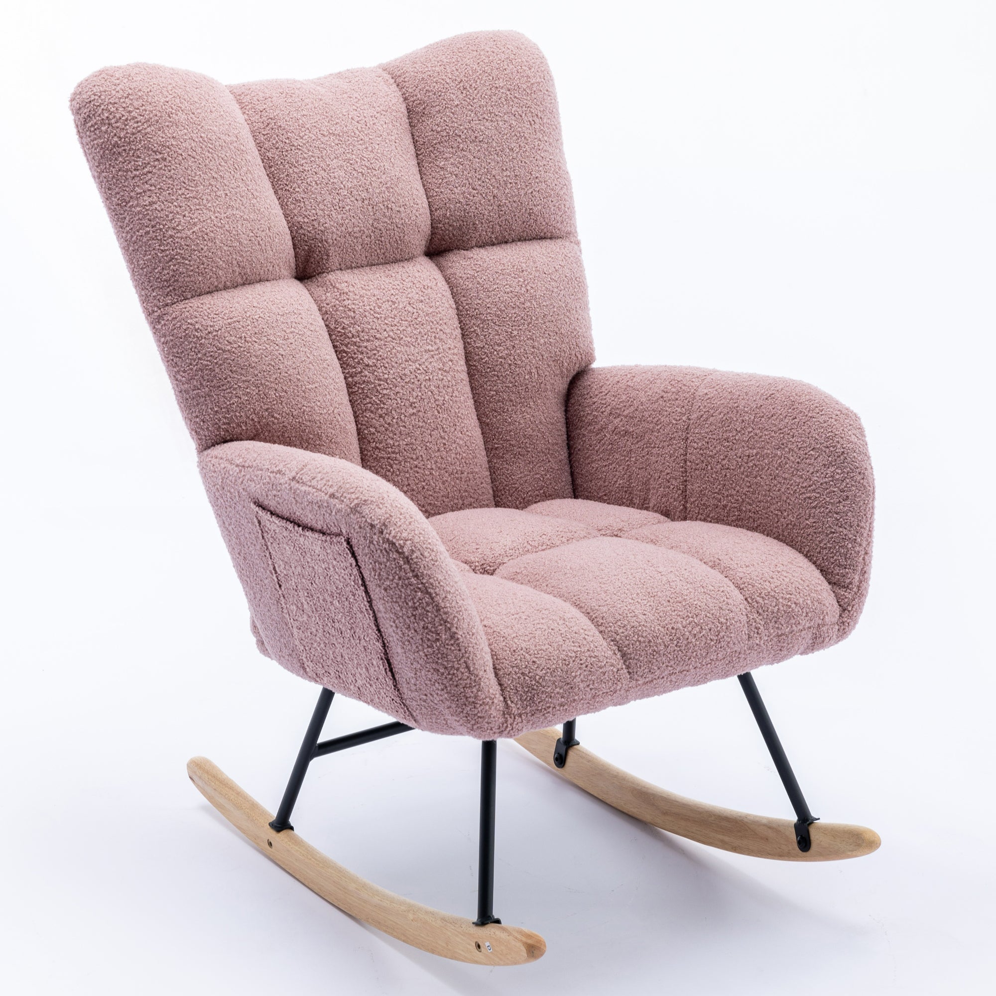 Rocking Chair with Pocket, Soft Teddy Fabric Rocking Chair for Nursery, Comfy Wingback Glider Rocker with Safe Solid Wood Base for Living Room Bedroom Balcony (pink)