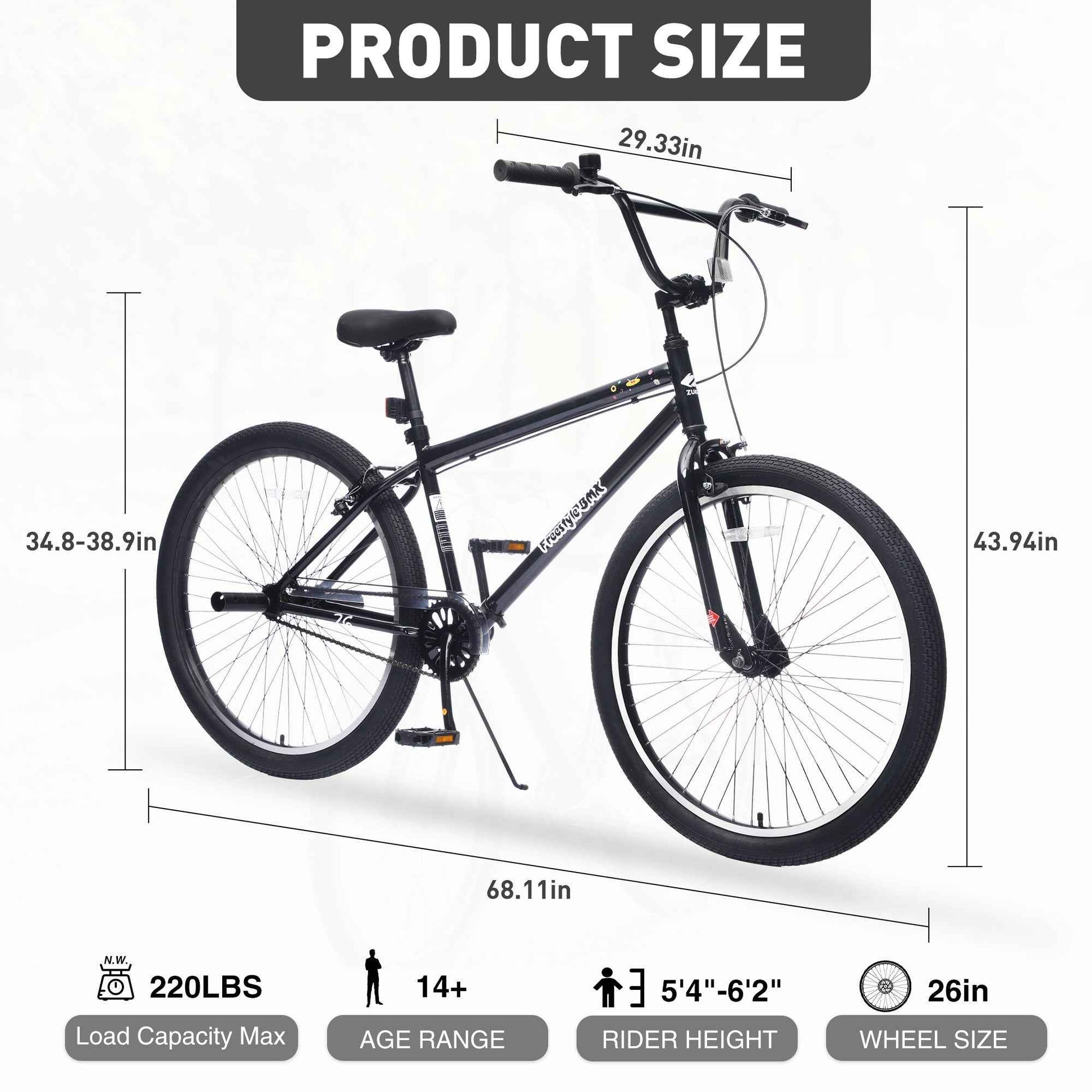 26 Inch Freestyle Bike for Teens, Steel Frame Single-Speed Bicycle with 2 Pegs , Front Caliper Brake and Rear V Brake, Bicycle for Boys and Girls Ages 14+