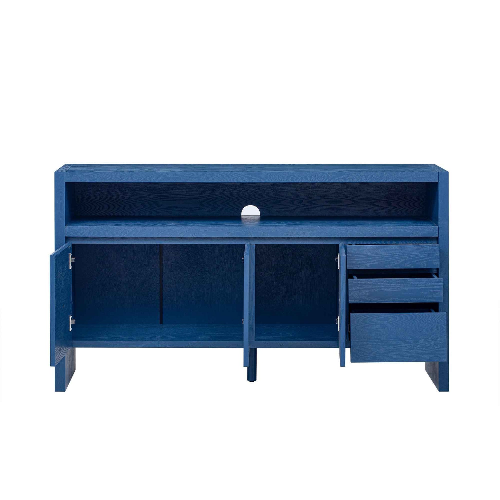 U_Style 60' 3-Door Sideboard with 3 Drawers - Modern Solid Ash Veneer MDF Sideboard, Semi-Open Shelf & Center Semi-Circular Cutout in Back Panel, Large Storage Cabinet for Living Room, Hallway, Dining