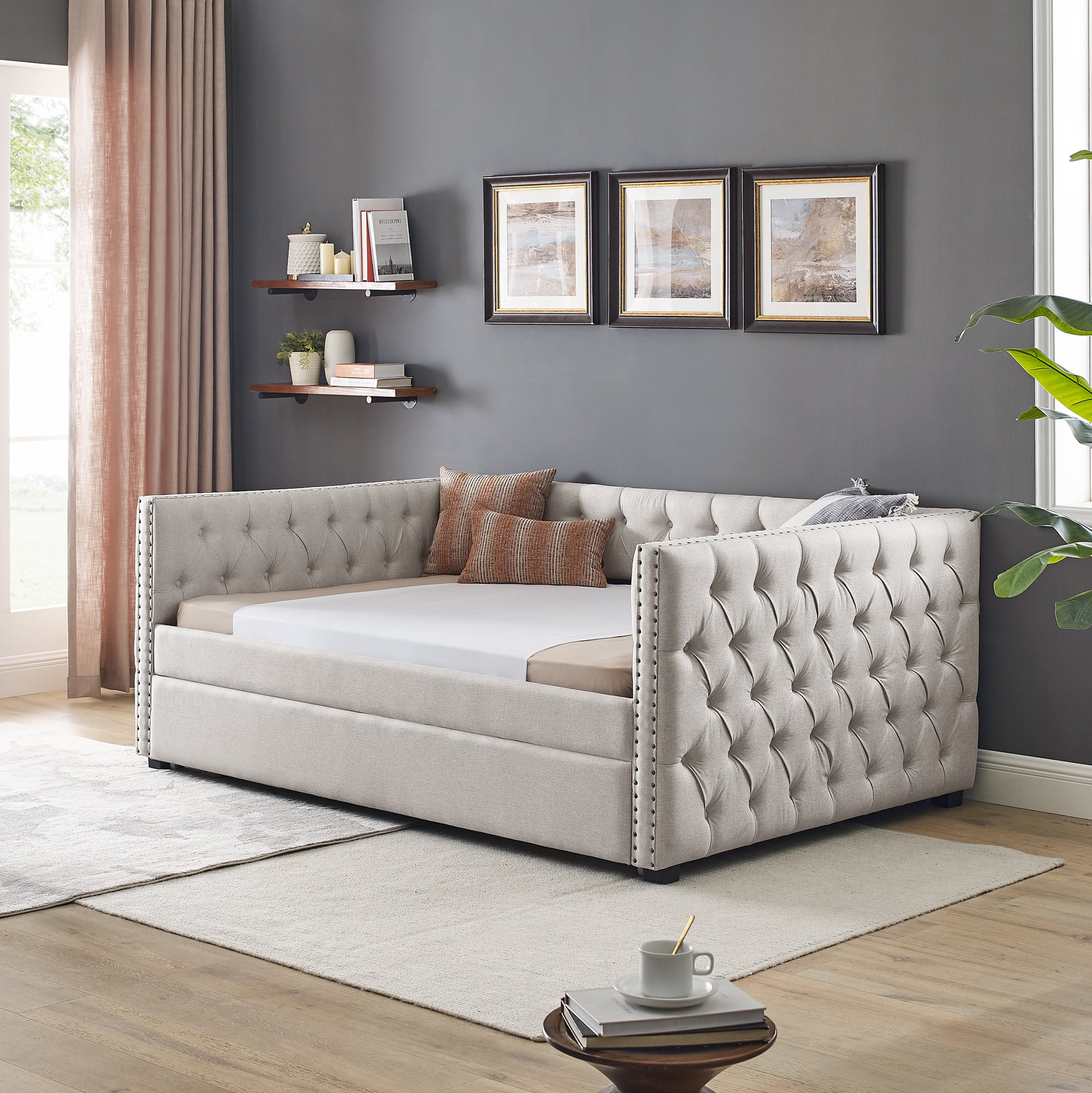 Daybed with Trundle Upholstered Tufted Sofa Bed, with Button and Copper Nail on Square Arms,Full Daybed & Twin Trundle, Beige(85"x57"x31.5") - Abrihome