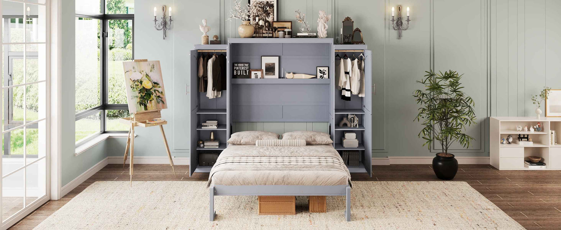 Full Size Murphy Bed, Wooden Full Wall Bed with 2 Wardrobe and Storage Shelf, Multifunctional Foldable Platform Bedframe for Guest-Room, Bedroom, Gray