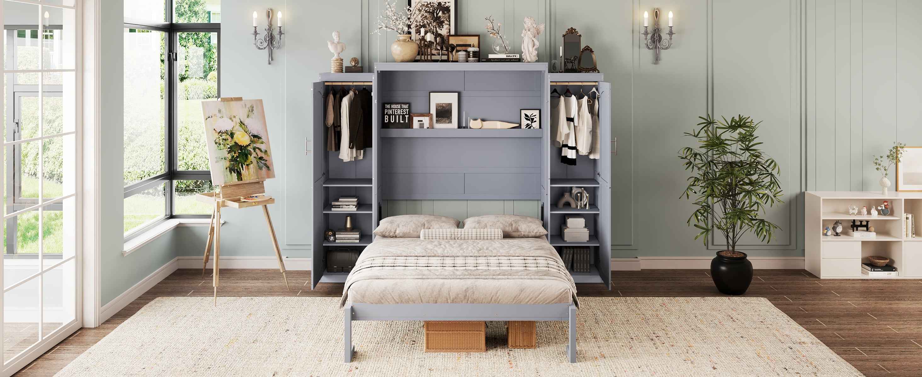 Full Size Murphy Bed, Wooden Full Wall Bed with 2 Wardrobe and Storage Shelf, Multifunctional Foldable Platform Bedframe for Guest-Room, Bedroom, Gray