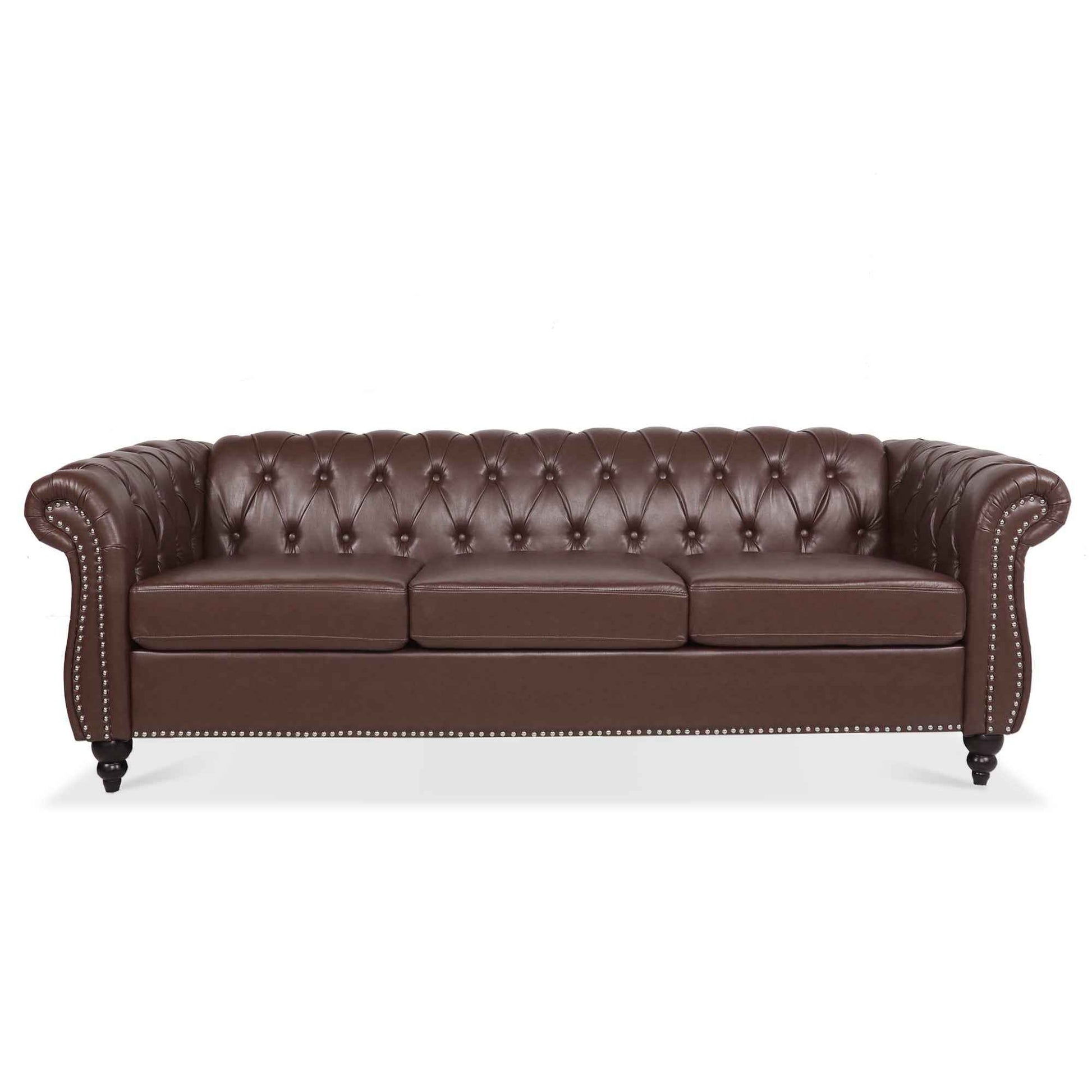 Dark Brown PU Rolled Arm Chesterfield Three Seater Sofa with Solid Wood Frame and Birch Legs