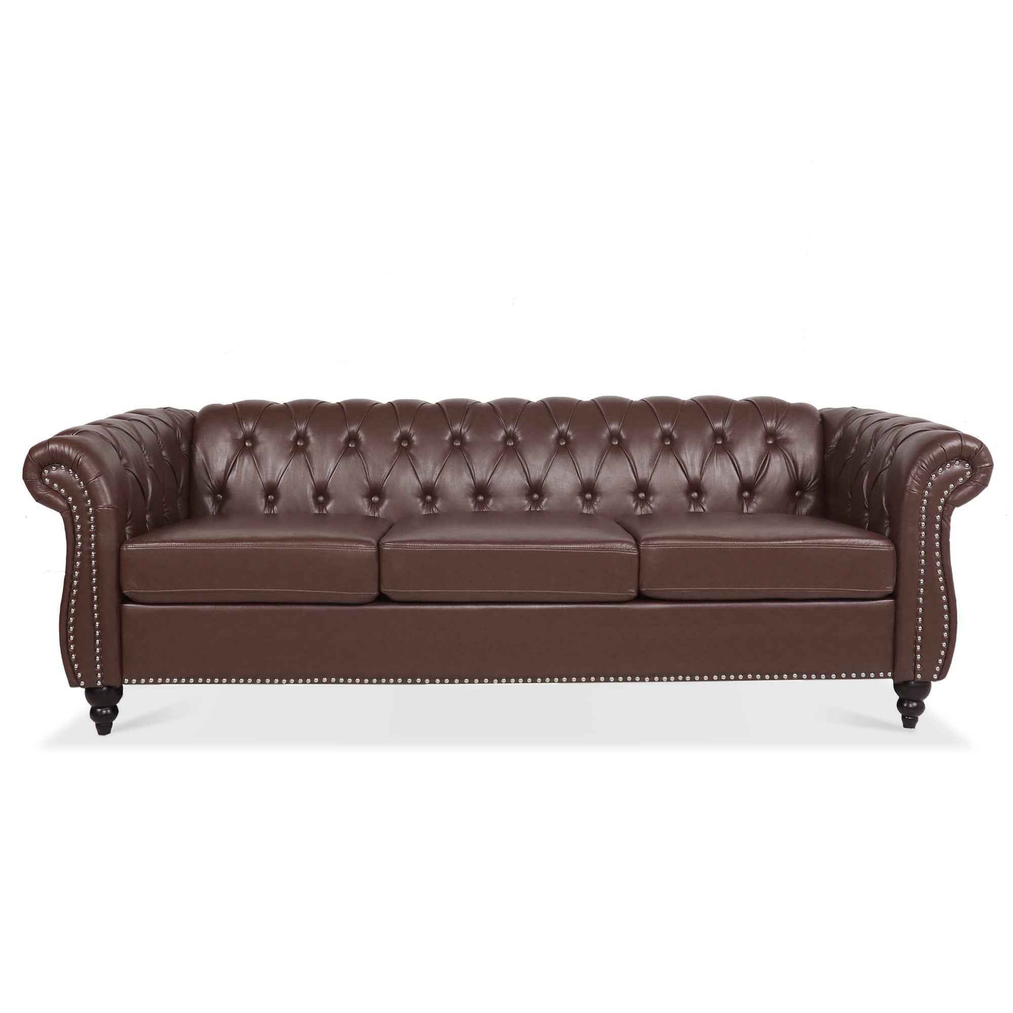 Dark Brown PU Rolled Arm Chesterfield Three Seater Sofa with Solid Wood Frame and Birch Legs