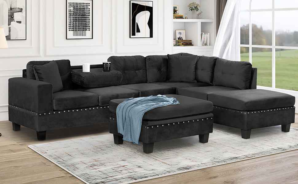 Modern Sectional Sofa with Storage Ottoman, L-Shape Couch with 2 Pillows and Cup Holders, Black Velvet, 105'