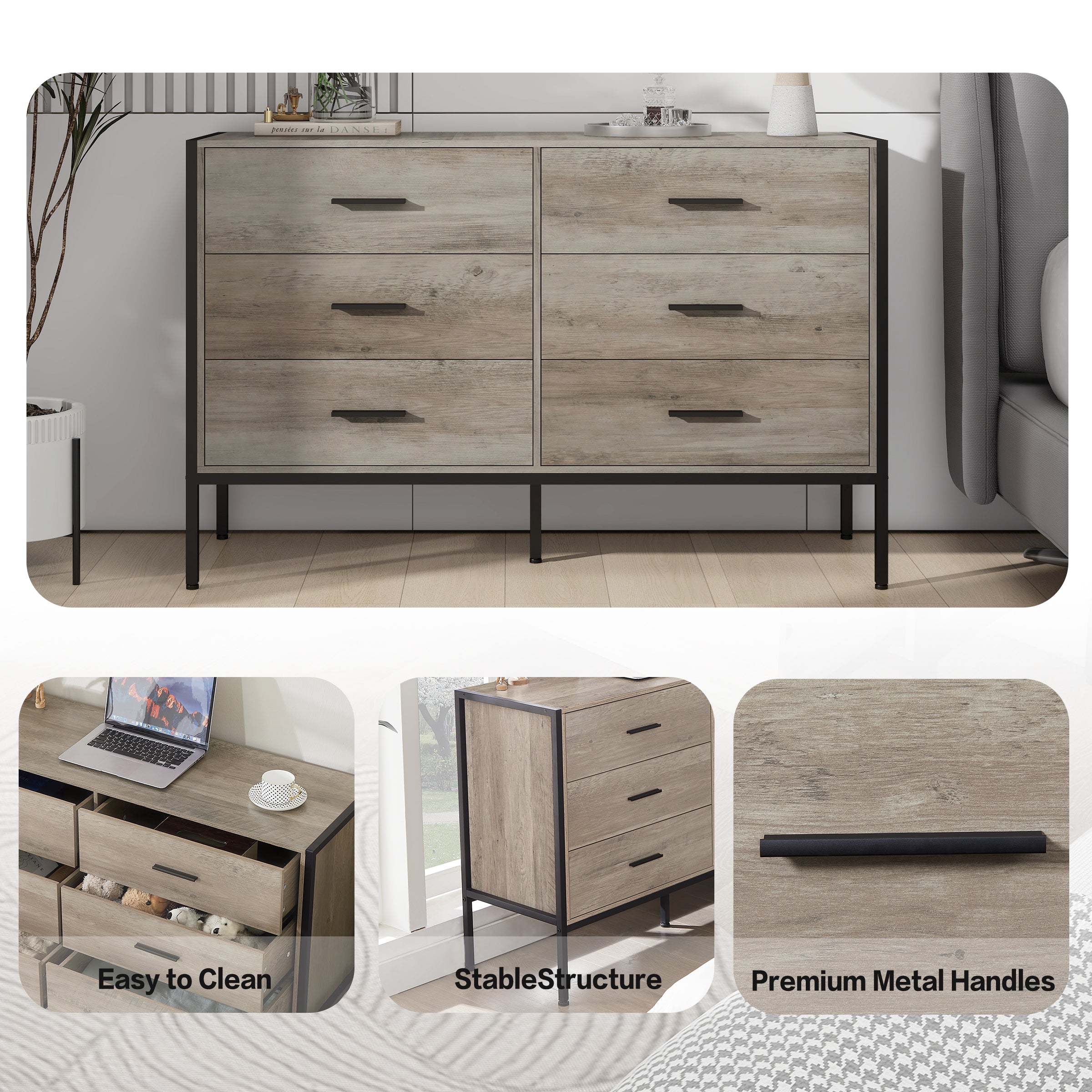 Wood Dresser with 6 Drawers, Wooden Storage Closet for Bedroom, Solid Clothes Cabinet with Sturdy Steel Frame, 48.58"W×15.75"D×31.22"H, 48 inch, Rustic Grey