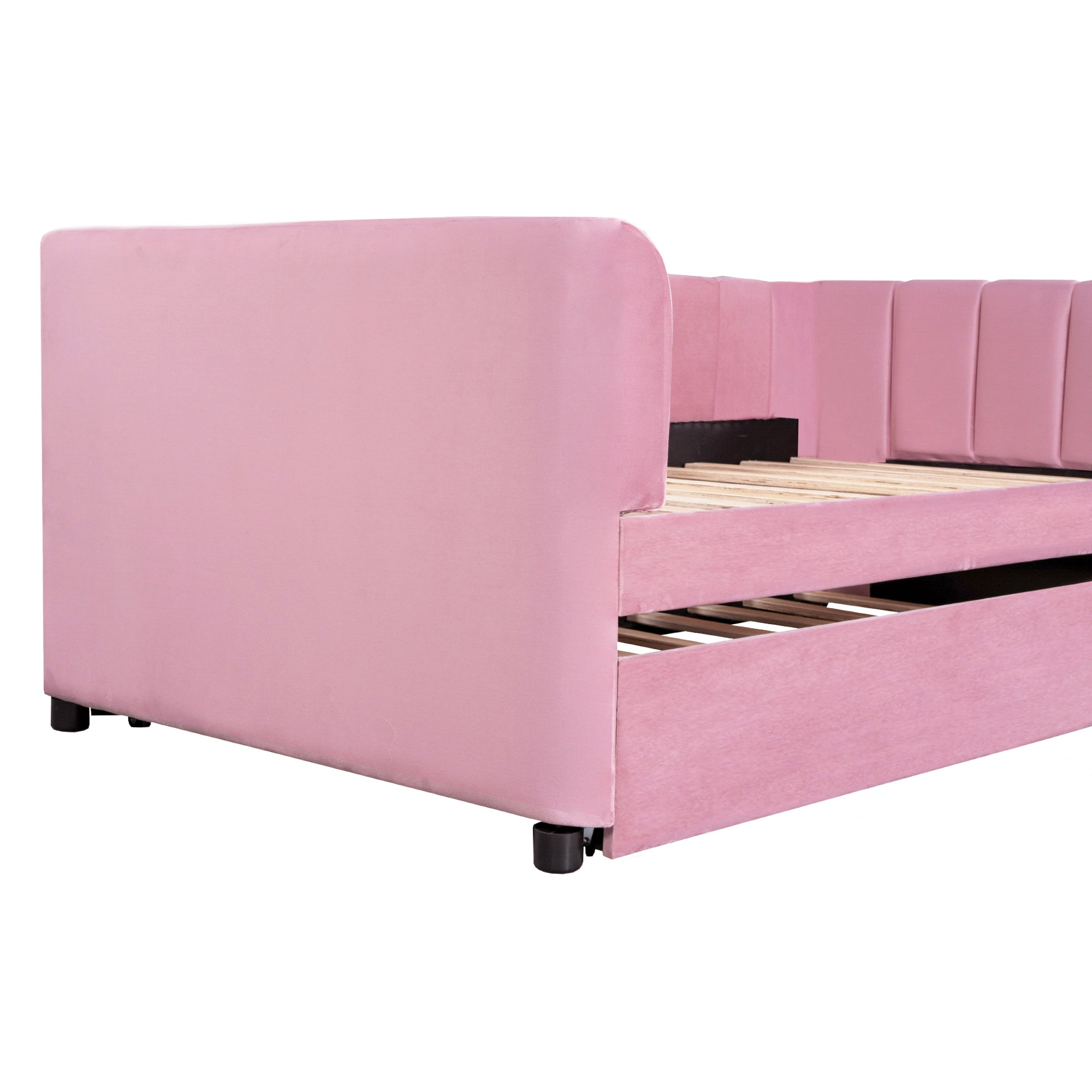 Twin Size Upholstered Daybed with Ergonomic Design Backrest and Trundle, Pink