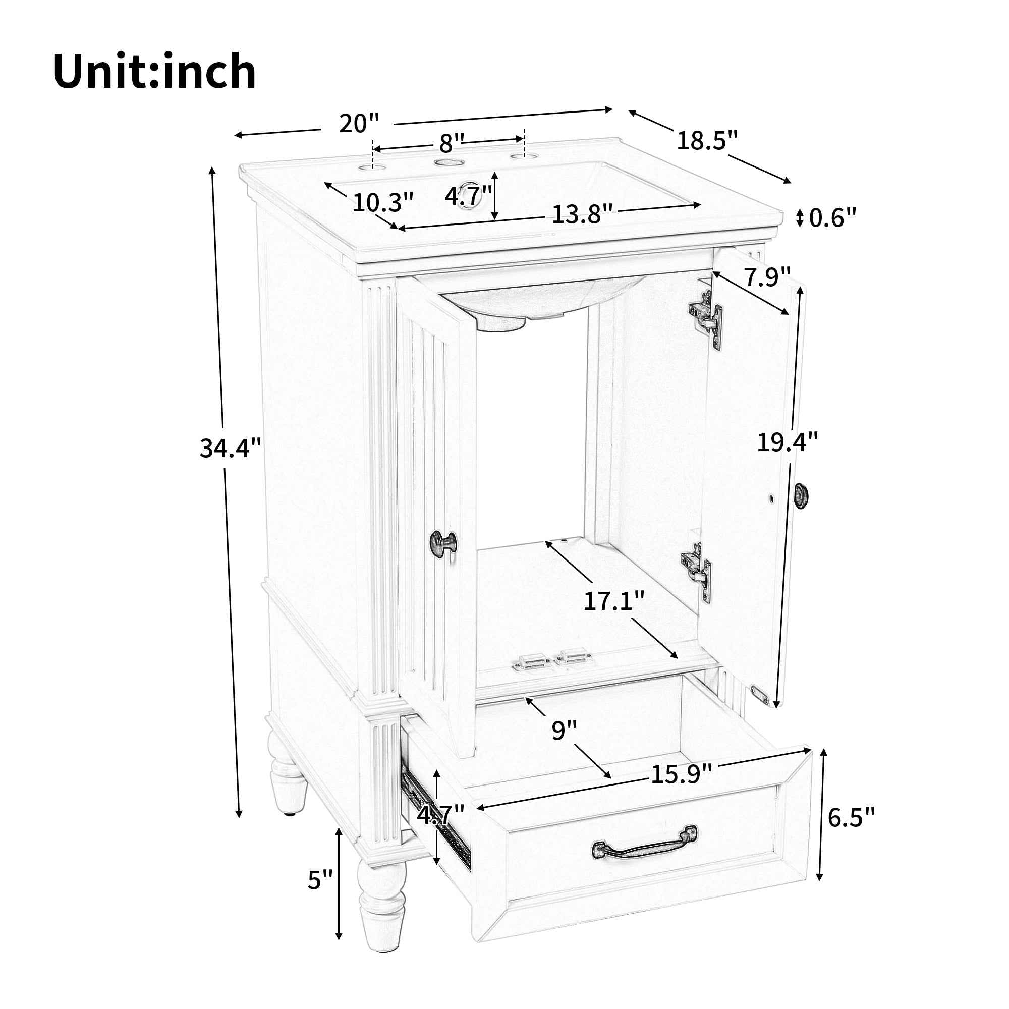 20' Bathroom Vanity with Sink, Bathroom Cabinet with Two Doors, Magnetic Door Stopper and  Adiustable Foot Pads, A Drawer, Black
