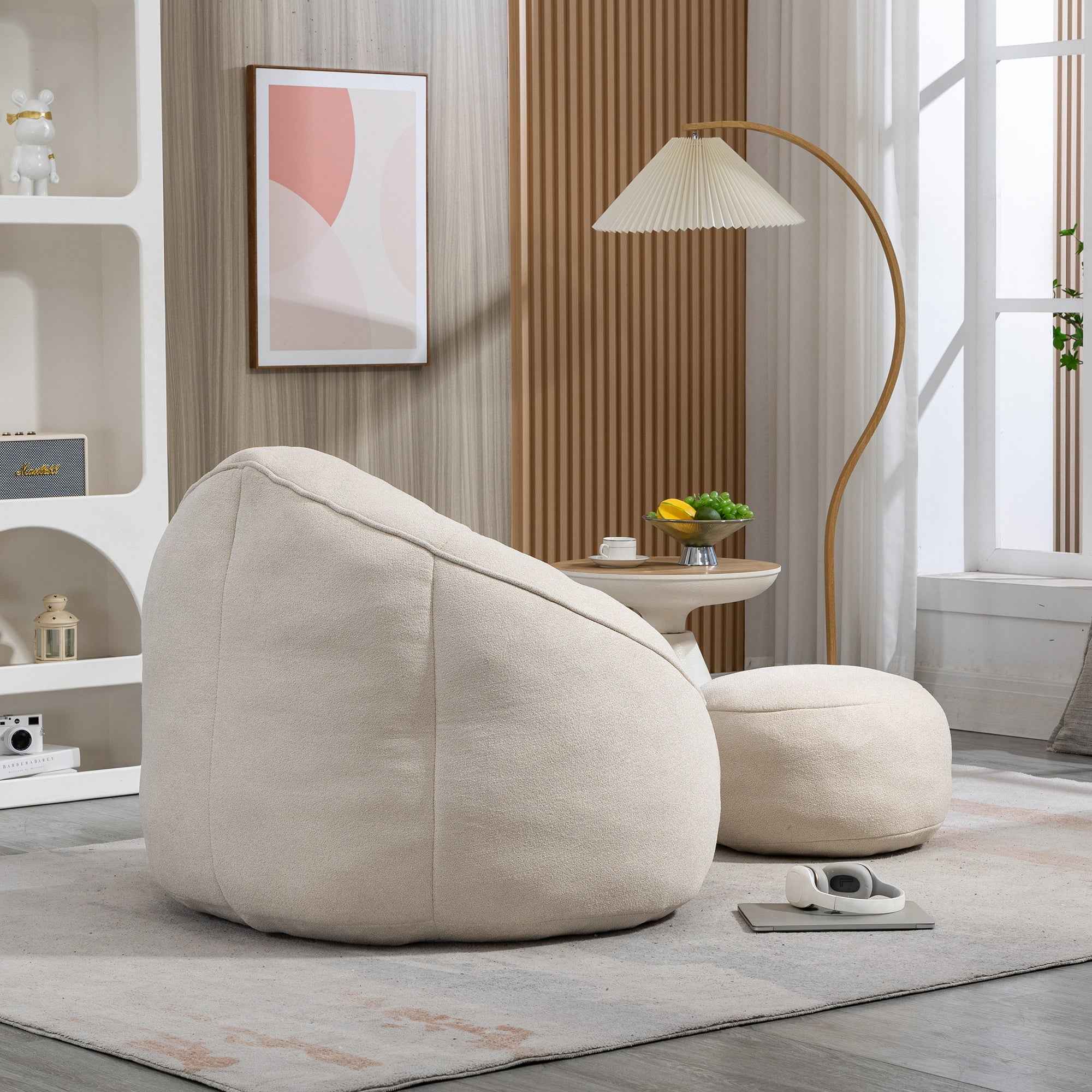 Bedding Bean Bag Sofa Chair with High-Pressure Foam and Footrest, Beige Microfiber
