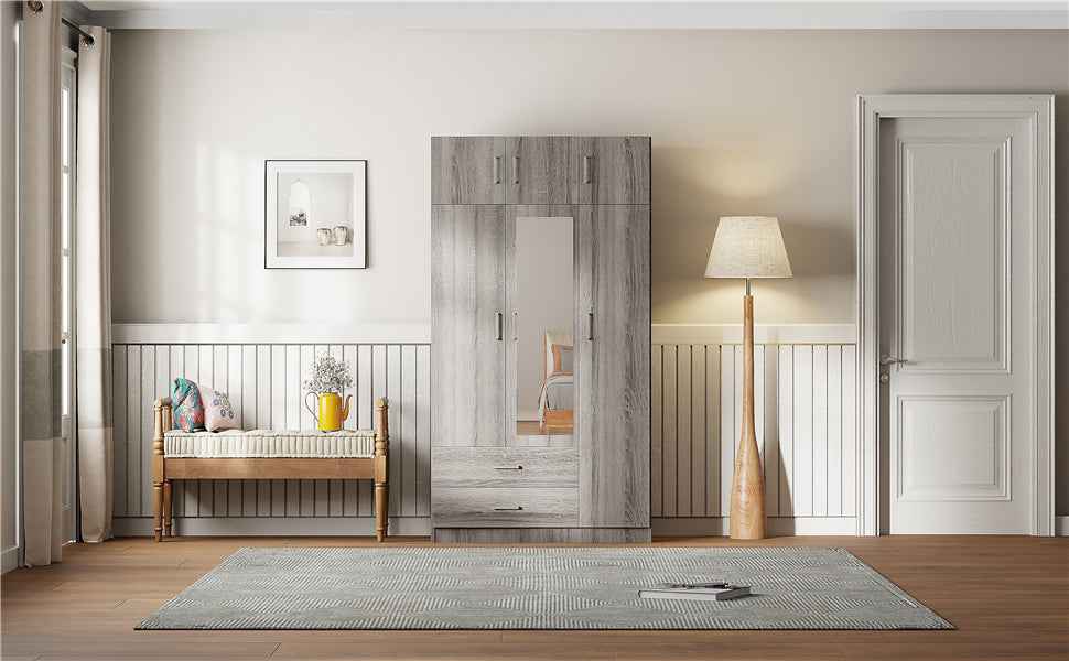 3-Door Mirror  Wardrobe with 2 Drawers and Top Cabinet,Gray