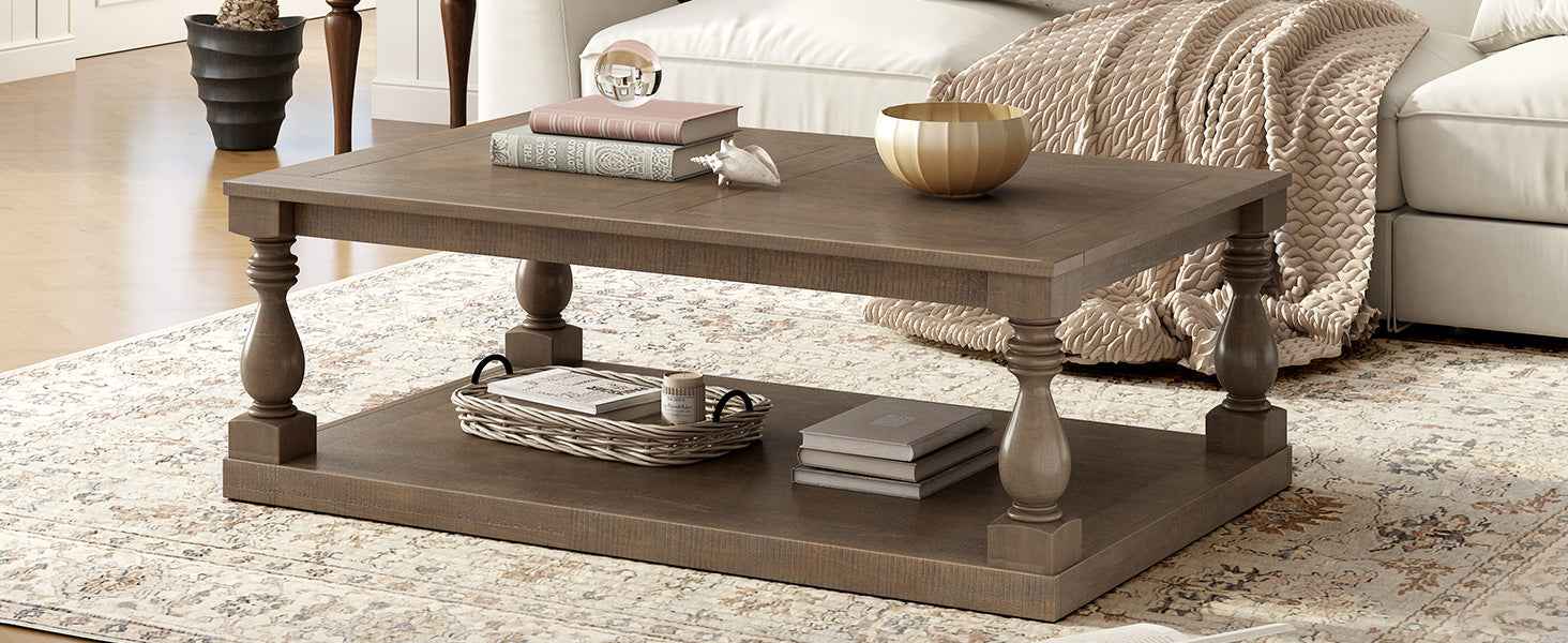 U_STYLE Vintage Coffee Table Featuring Artistic Vase Column Legs and Luxurious Pine Veneer for Timeless Charm,Suitable for living room, study room
