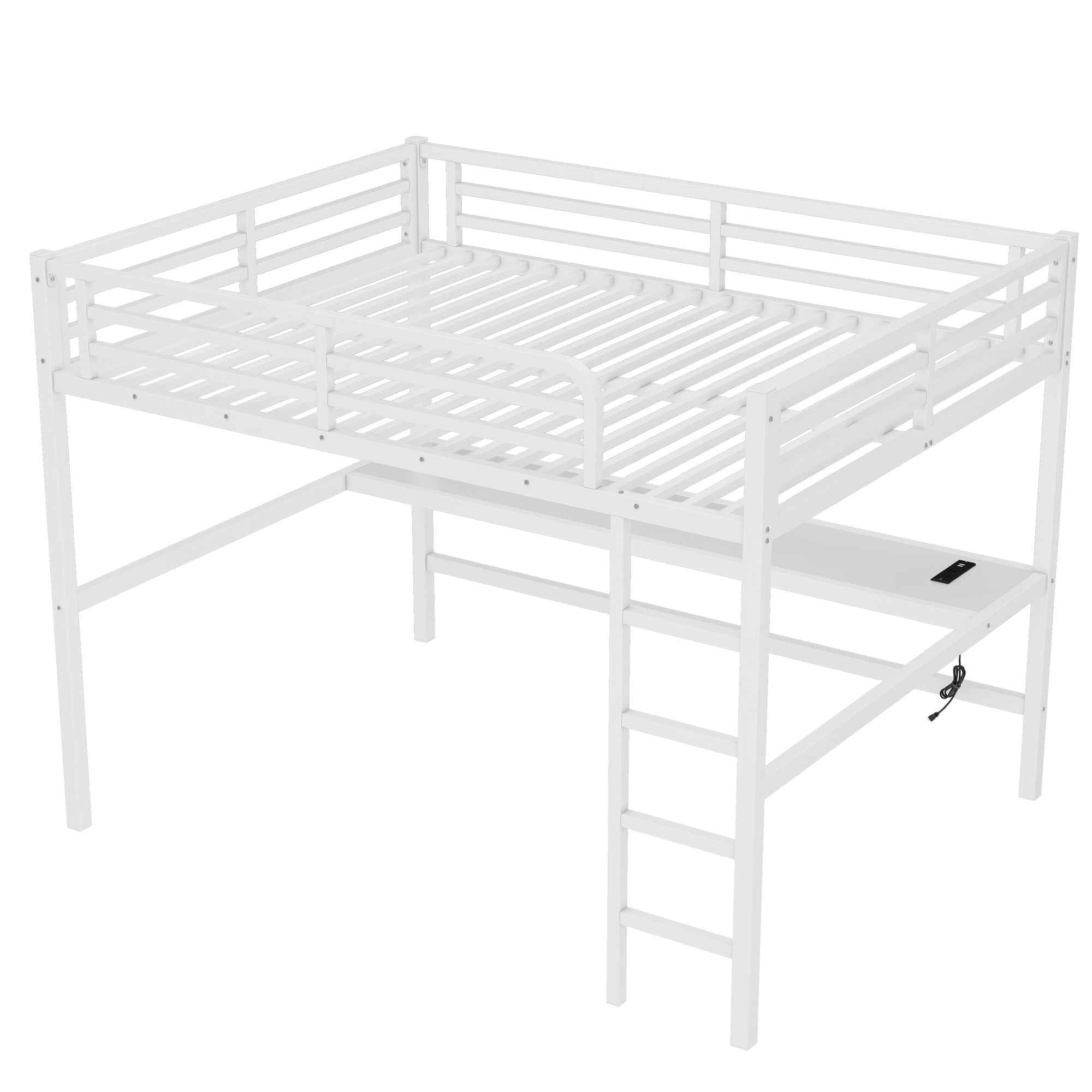 Metal Queen Size Loft Bed with Power Outlet and LED Lighted, Space-Saving, Noise Reduced, White
